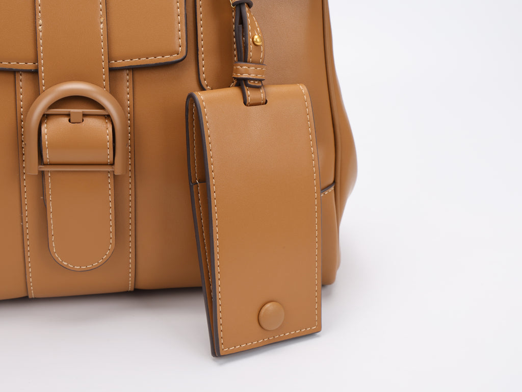 CEFIRO Structured Top Handle Bag – Brown Vegan Leather Shoulder Tote with Card Holder Charm