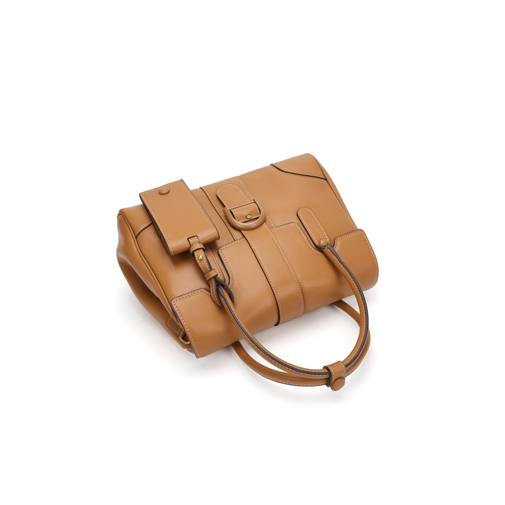 CEFIRO Structured Top Handle Bag – Brown Vegan Leather Shoulder Tote with Card Holder Charm