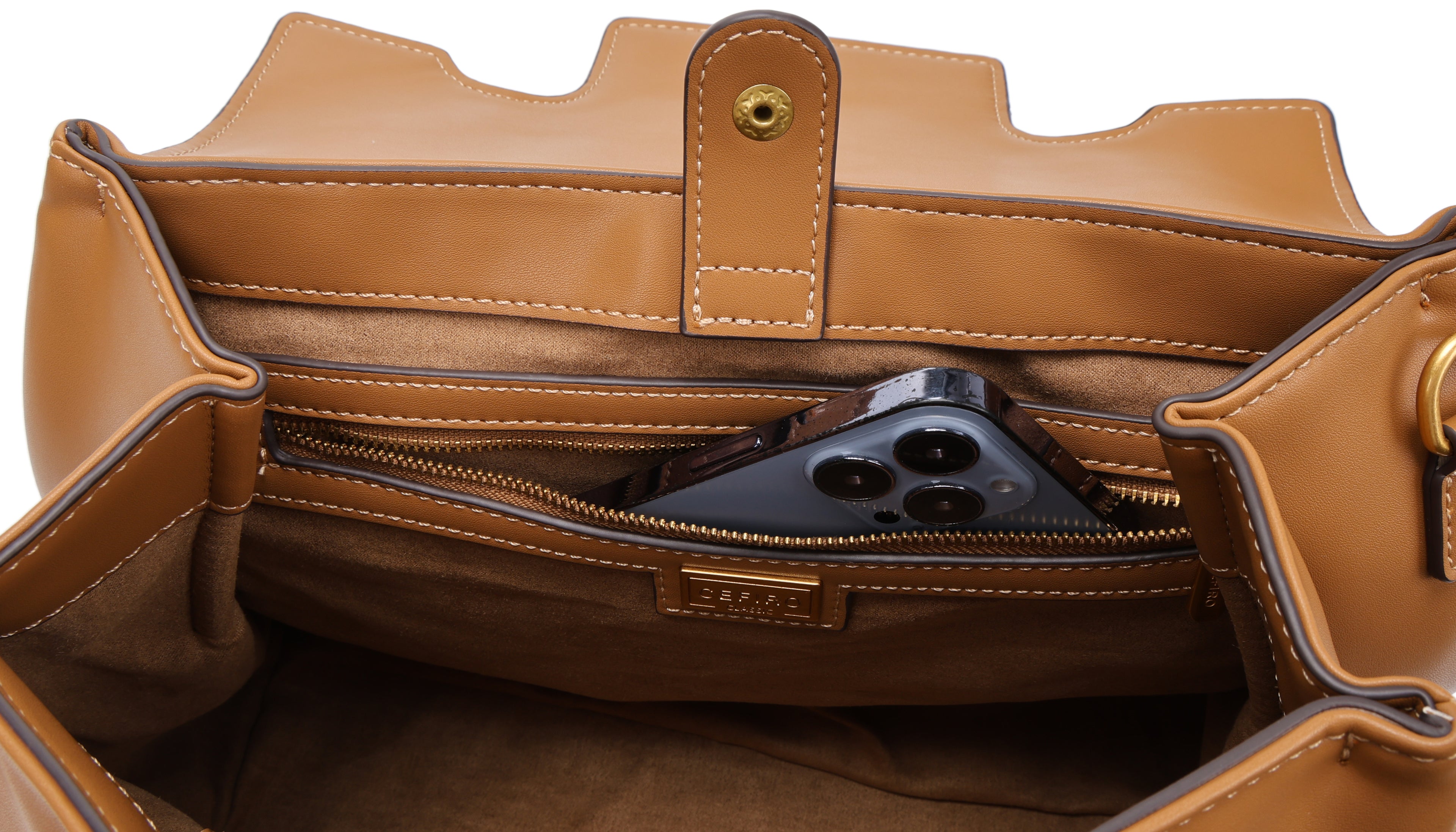 CEFIRO Structured Top Handle Bag – Brown Vegan Leather Shoulder Tote with Card Holder Charm