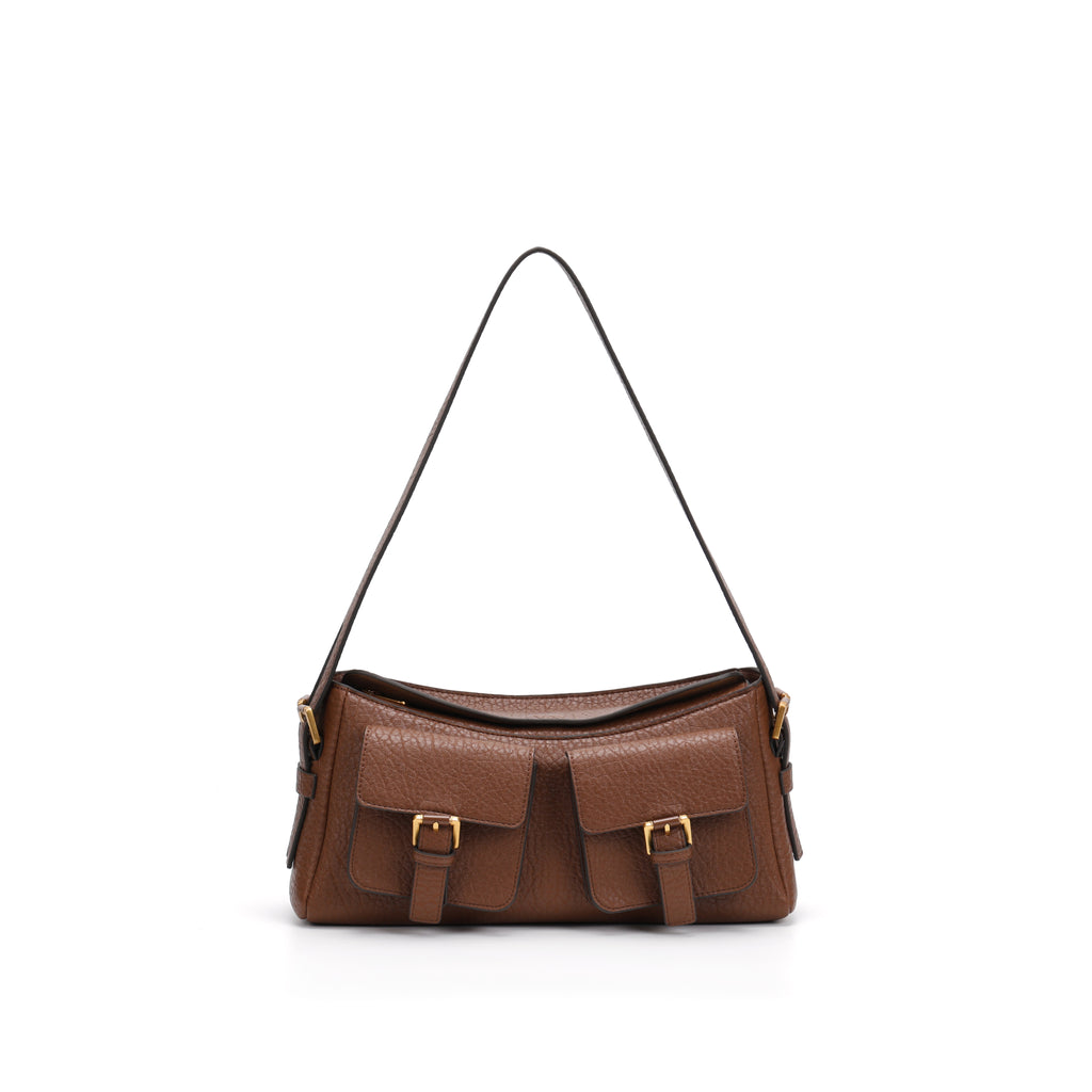 CEFIRO Vintage Dual-Pocket Shoulder Bag – Brown Vegan Leather Crossbody Bag