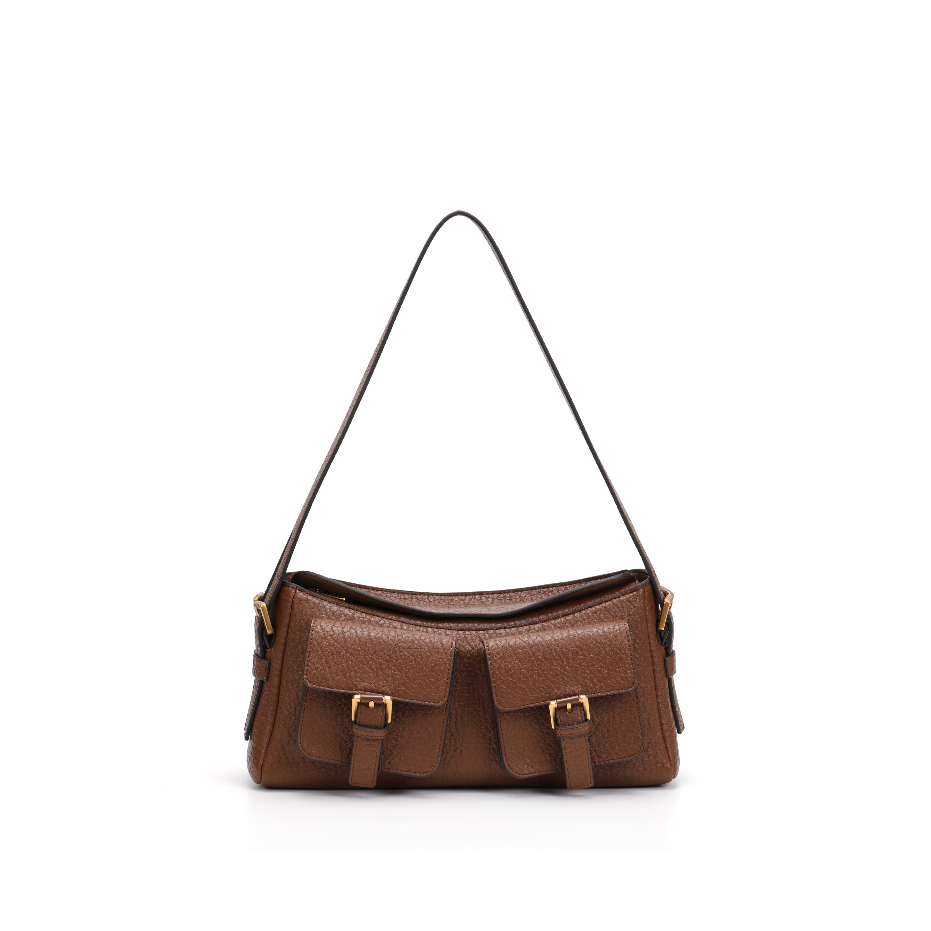 CEFIRO Vintage Dual-Pocket Shoulder Bag – Brown Vegan Leather Crossbody Bag