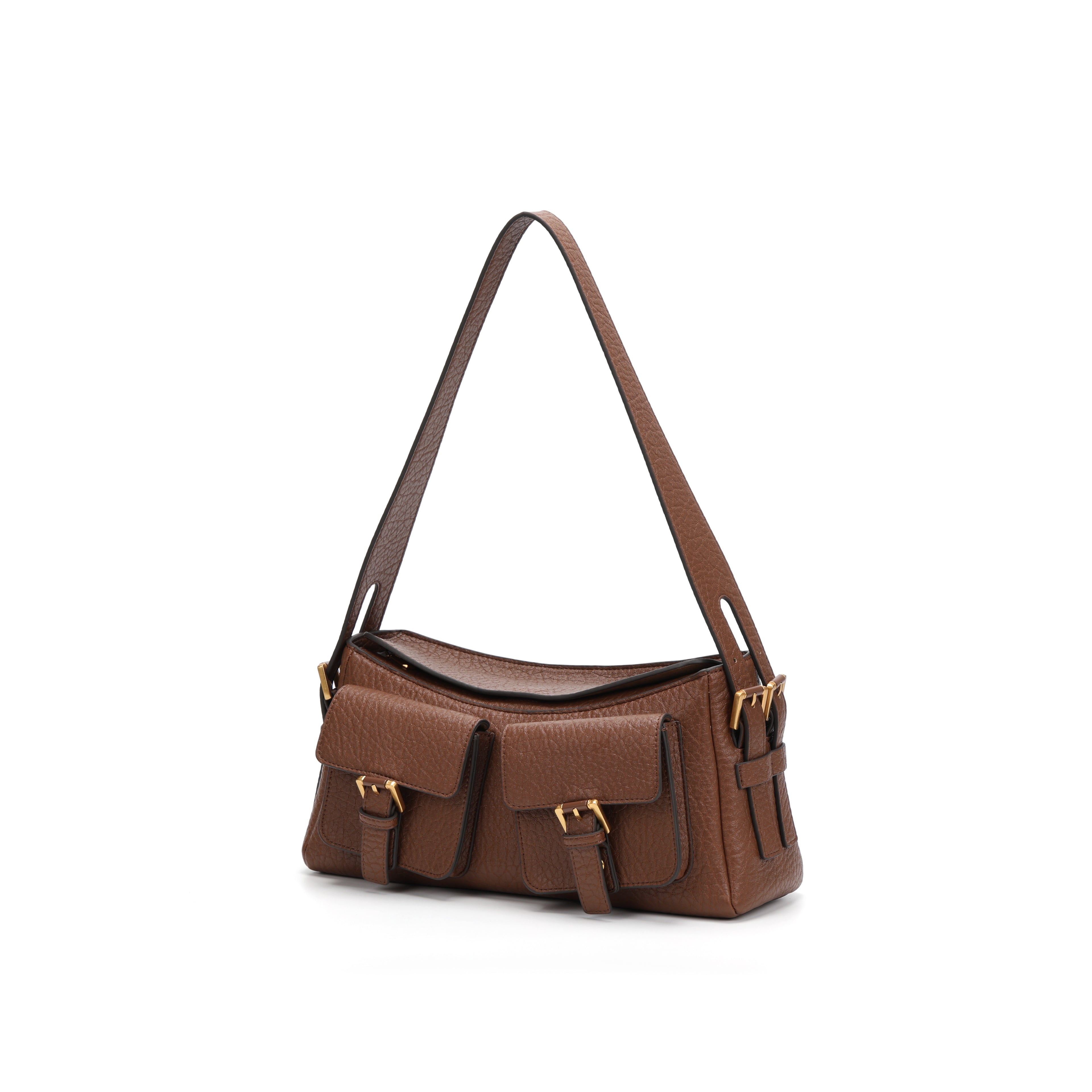 CEFIRO Vintage Dual-Pocket Shoulder Bag – Brown Vegan Leather Crossbody Bag