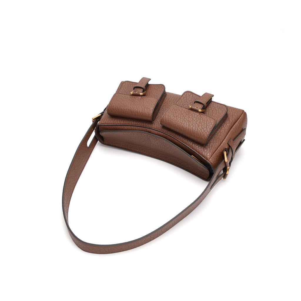 CEFIRO Vintage Dual-Pocket Shoulder Bag – Brown Vegan Leather Crossbody Bag