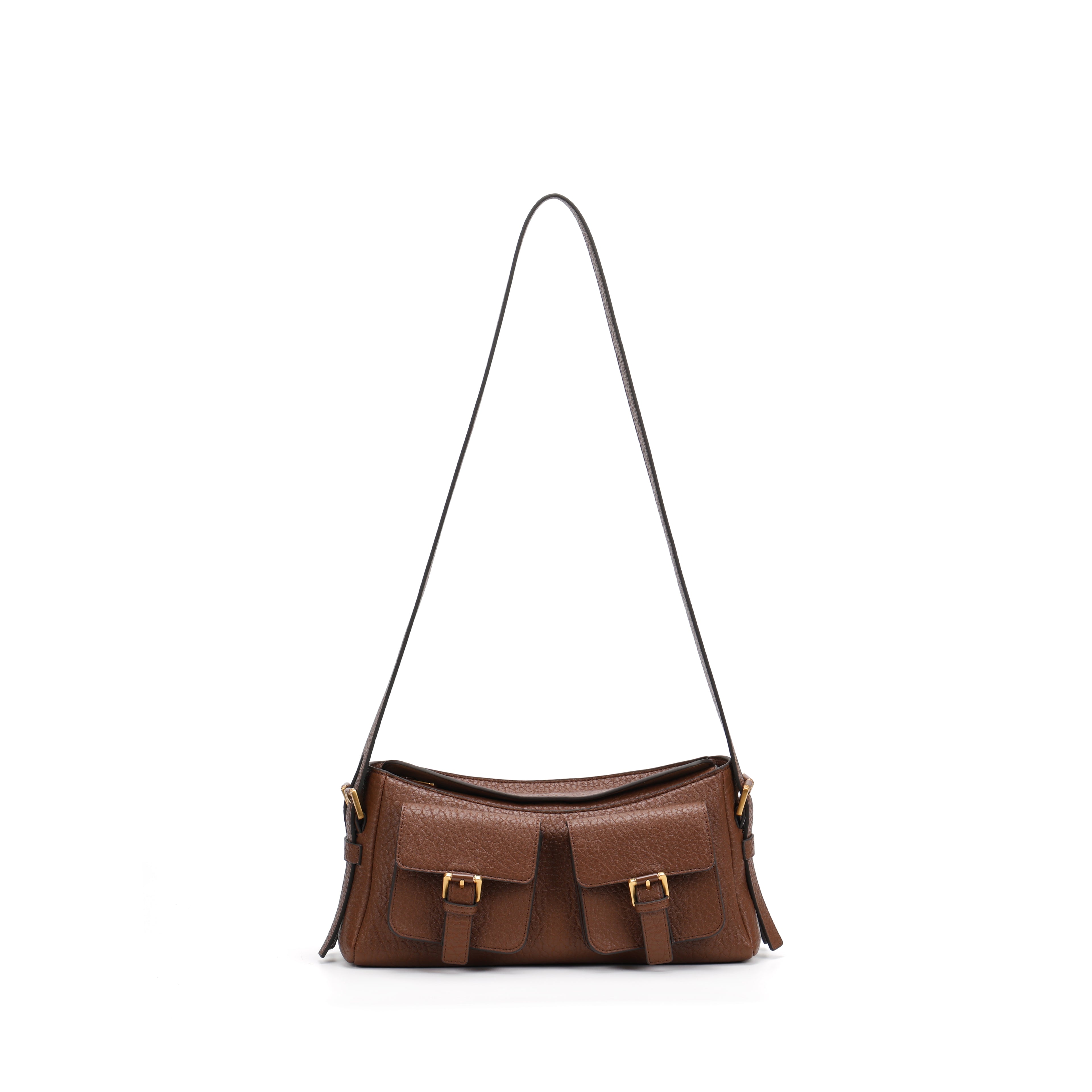 CEFIRO Vintage Dual-Pocket Shoulder Bag – Brown Vegan Leather Crossbody Bag