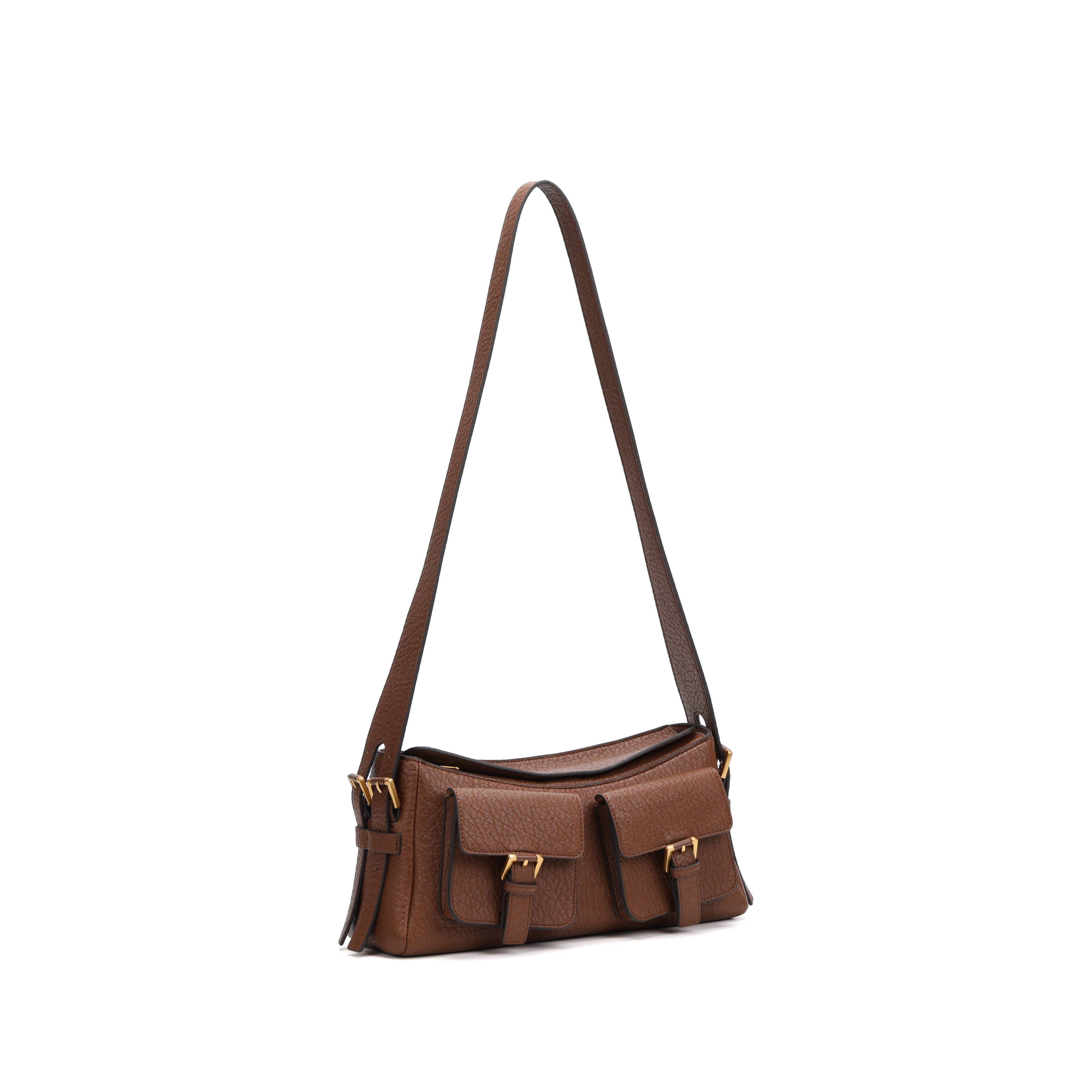CEFIRO Vintage Dual-Pocket Shoulder Bag – Brown Vegan Leather Crossbody Bag