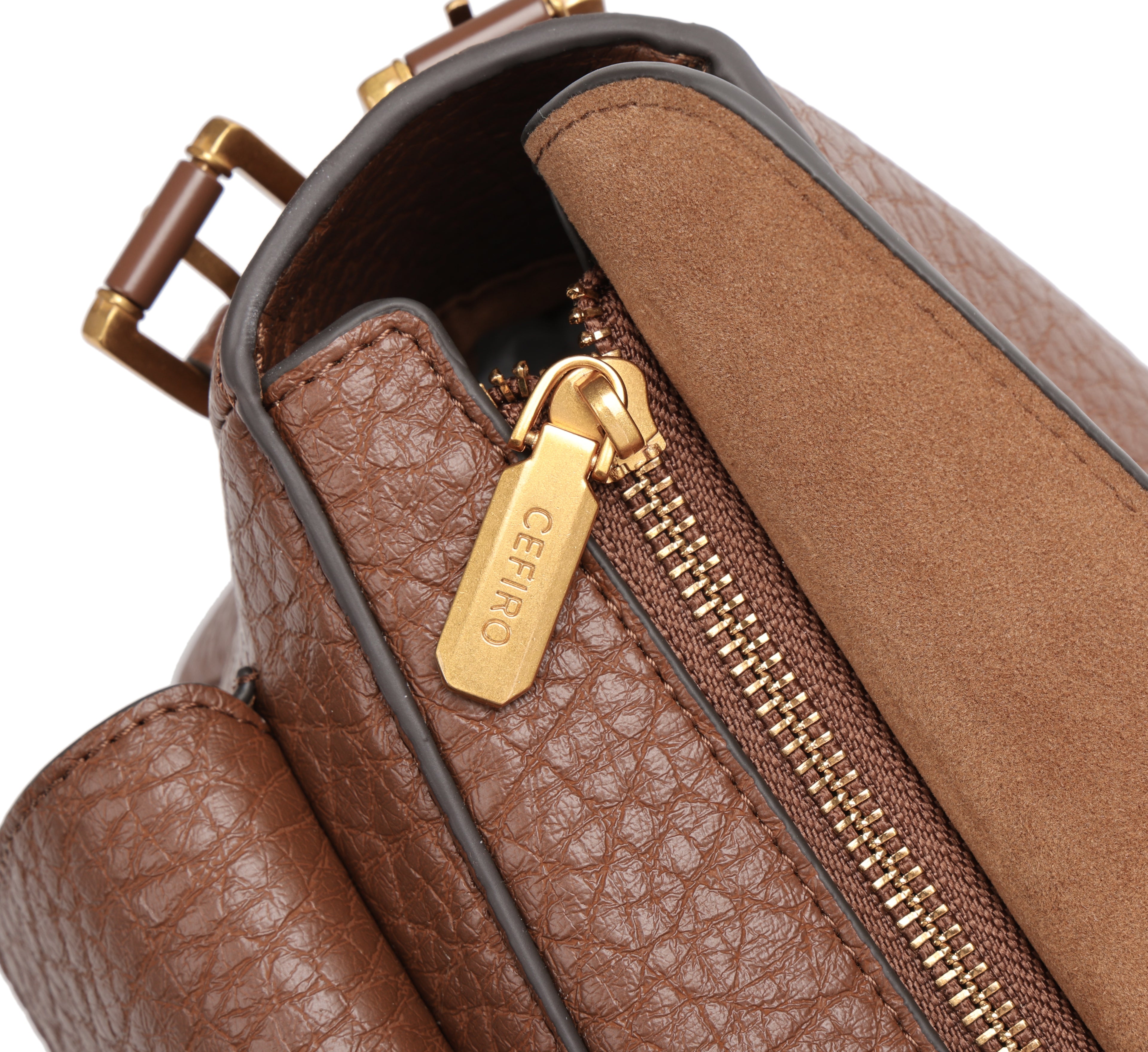 CEFIRO Vintage Dual-Pocket Shoulder Bag – Brown Vegan Leather Crossbody Bag