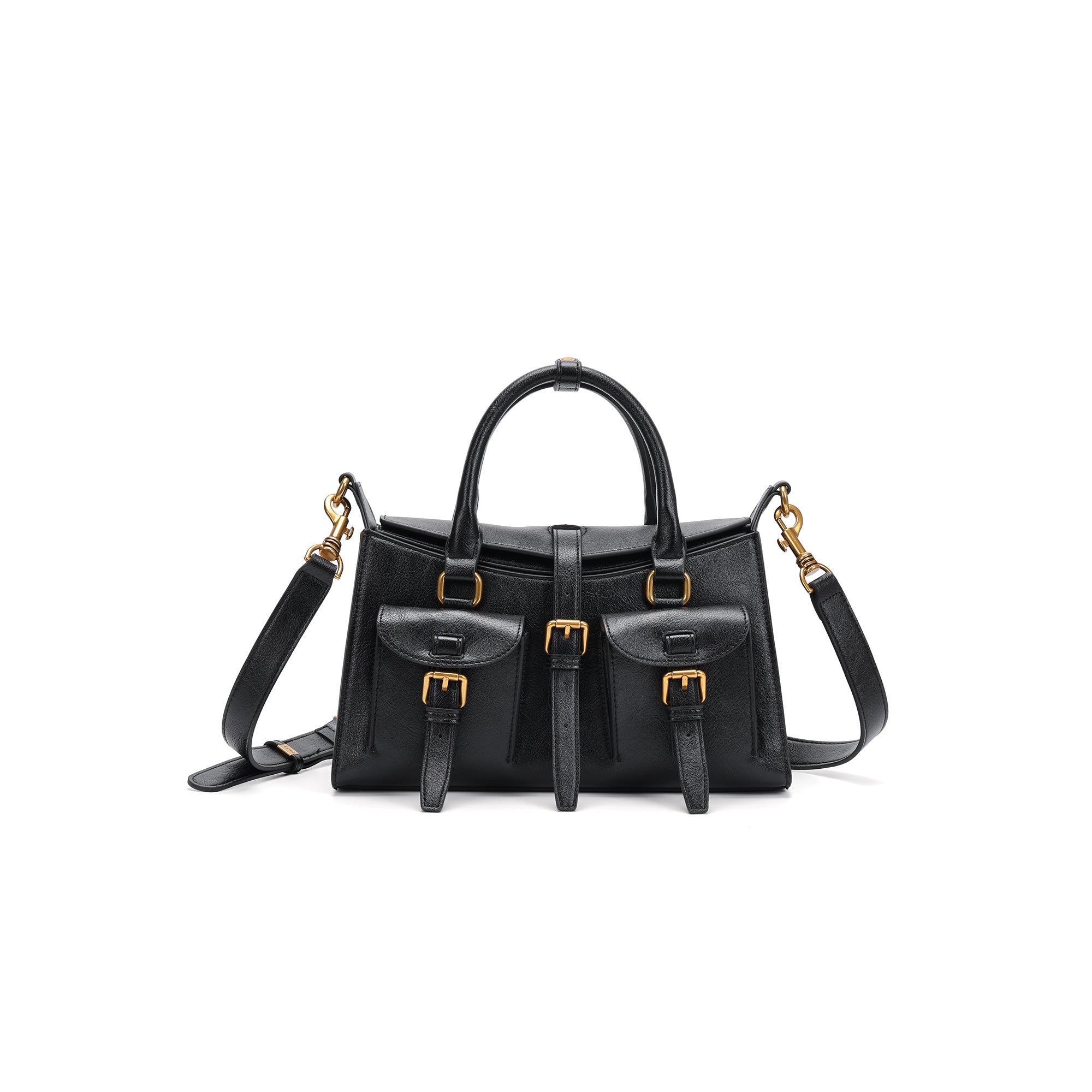 Elegant Structured Leather Shoulder Bag for Women – Top Handle & Crossbody Handbag with Gold Hardware