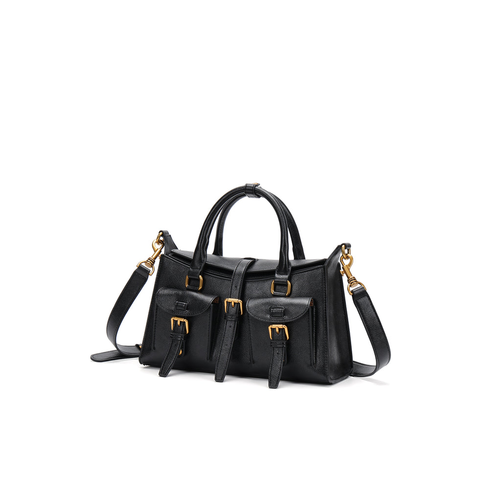 Elegant Structured Leather Shoulder Bag for Women – Top Handle & Crossbody Handbag with Gold Hardware