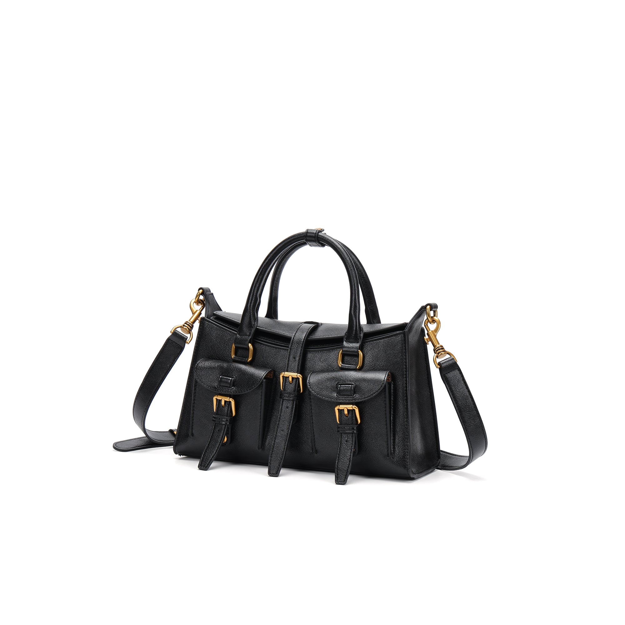 Elegant Structured Leather Shoulder Bag for Women – Top Handle & Crossbody Handbag with Gold Hardware