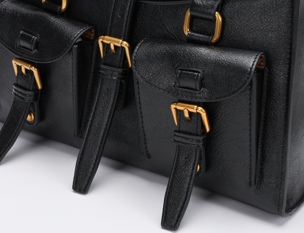 Elegant Structured Leather Shoulder Bag for Women – Top Handle & Crossbody Handbag with Gold Hardware