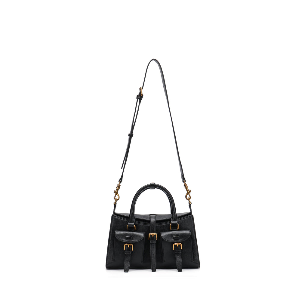 Elegant Structured Leather Shoulder Bag for Women – Top Handle & Crossbody Handbag with Gold Hardware