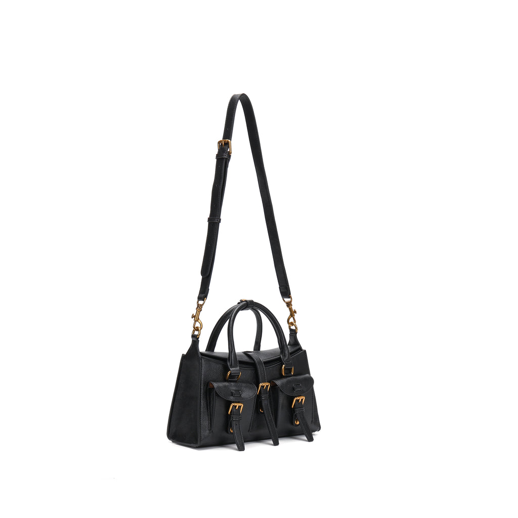 Elegant Structured Leather Shoulder Bag for Women – Top Handle & Crossbody Handbag with Gold Hardware