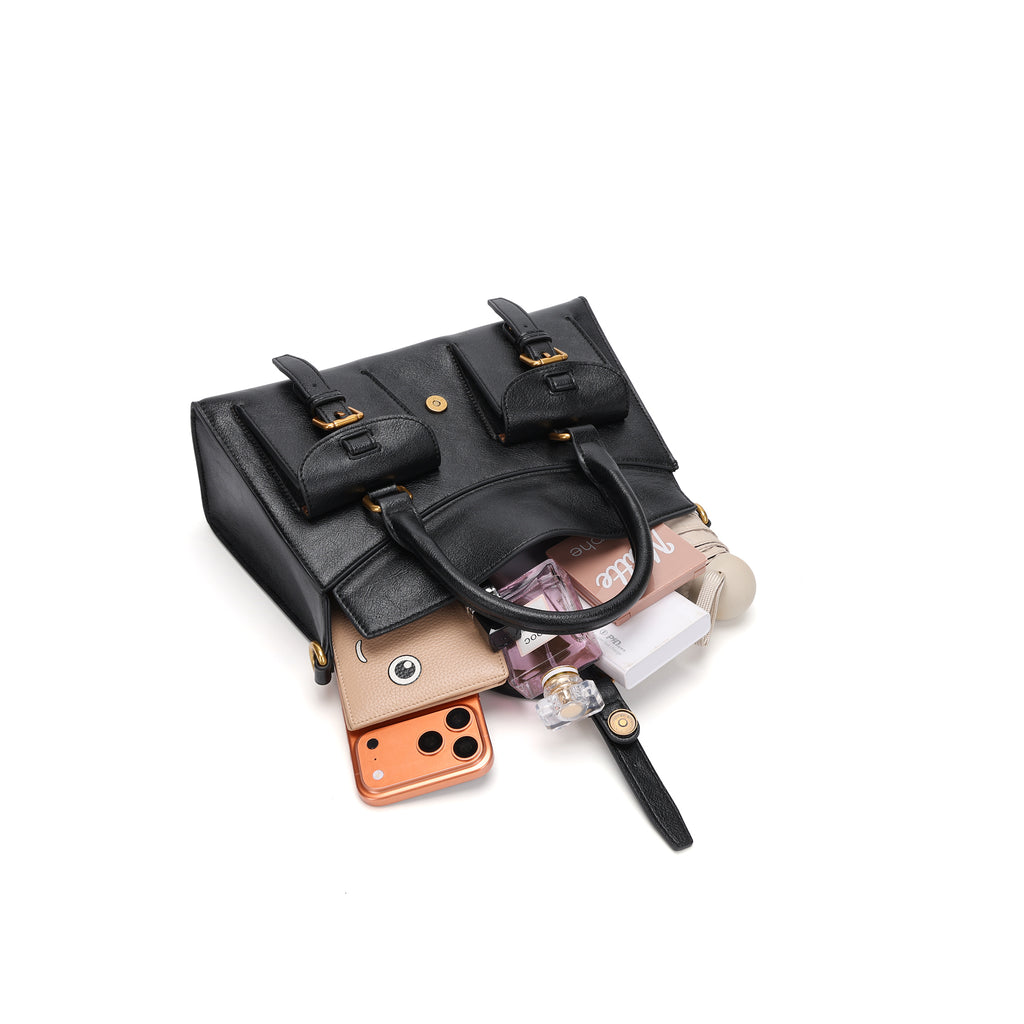 Elegant Structured Leather Shoulder Bag for Women – Top Handle & Crossbody Handbag with Gold Hardware