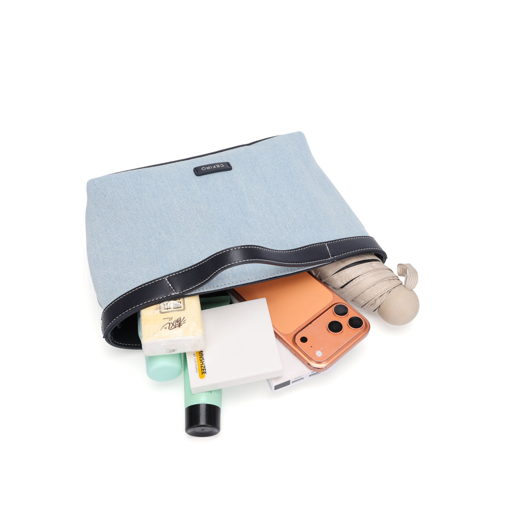 CEFIRO Denim Shoulder Bag with Vegan Leather Trim