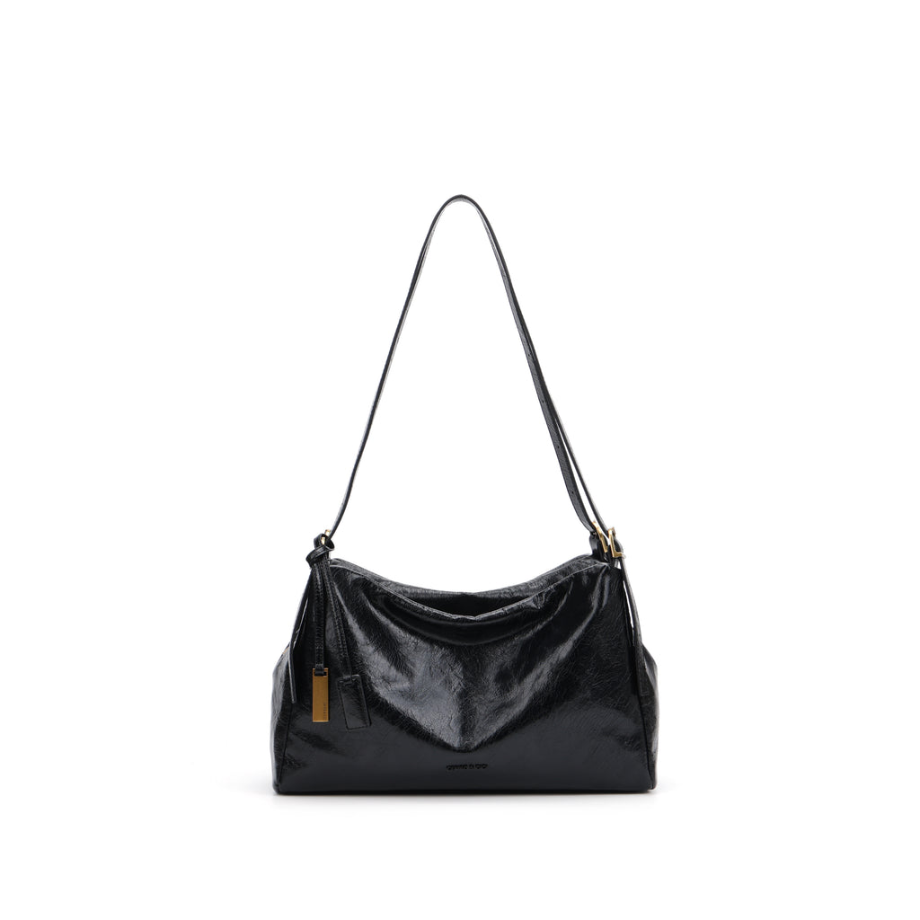 CEFIRO Glossy Vegan Leather Shoulder Bag – Black Hobo Crossbody Bag with Gold Hardware