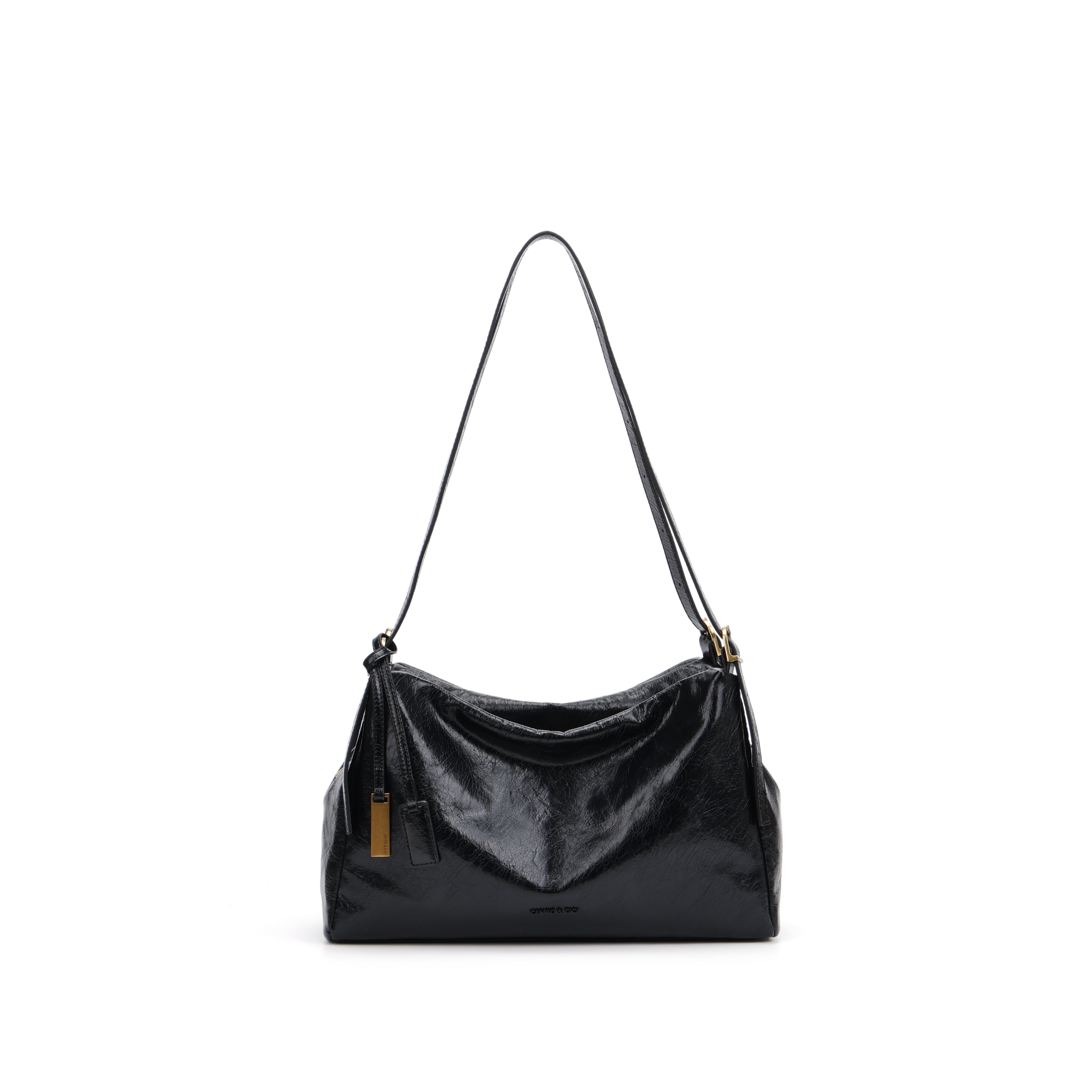 CEFIRO Glossy Vegan Leather Shoulder Bag – Black Hobo Crossbody Bag with Gold Hardware