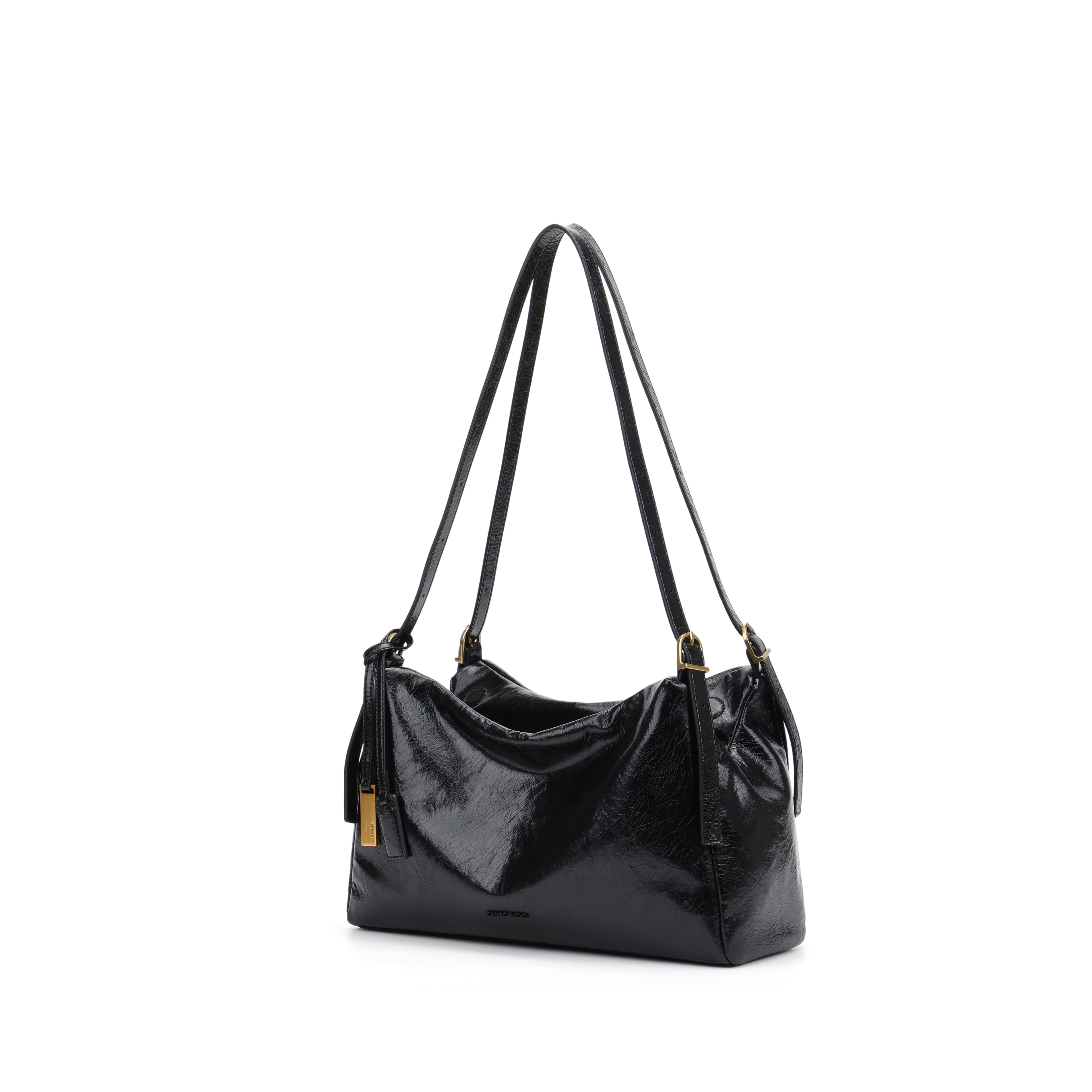 CEFIRO Glossy Vegan Leather Shoulder Bag – Black Hobo Crossbody Bag with Gold Hardware