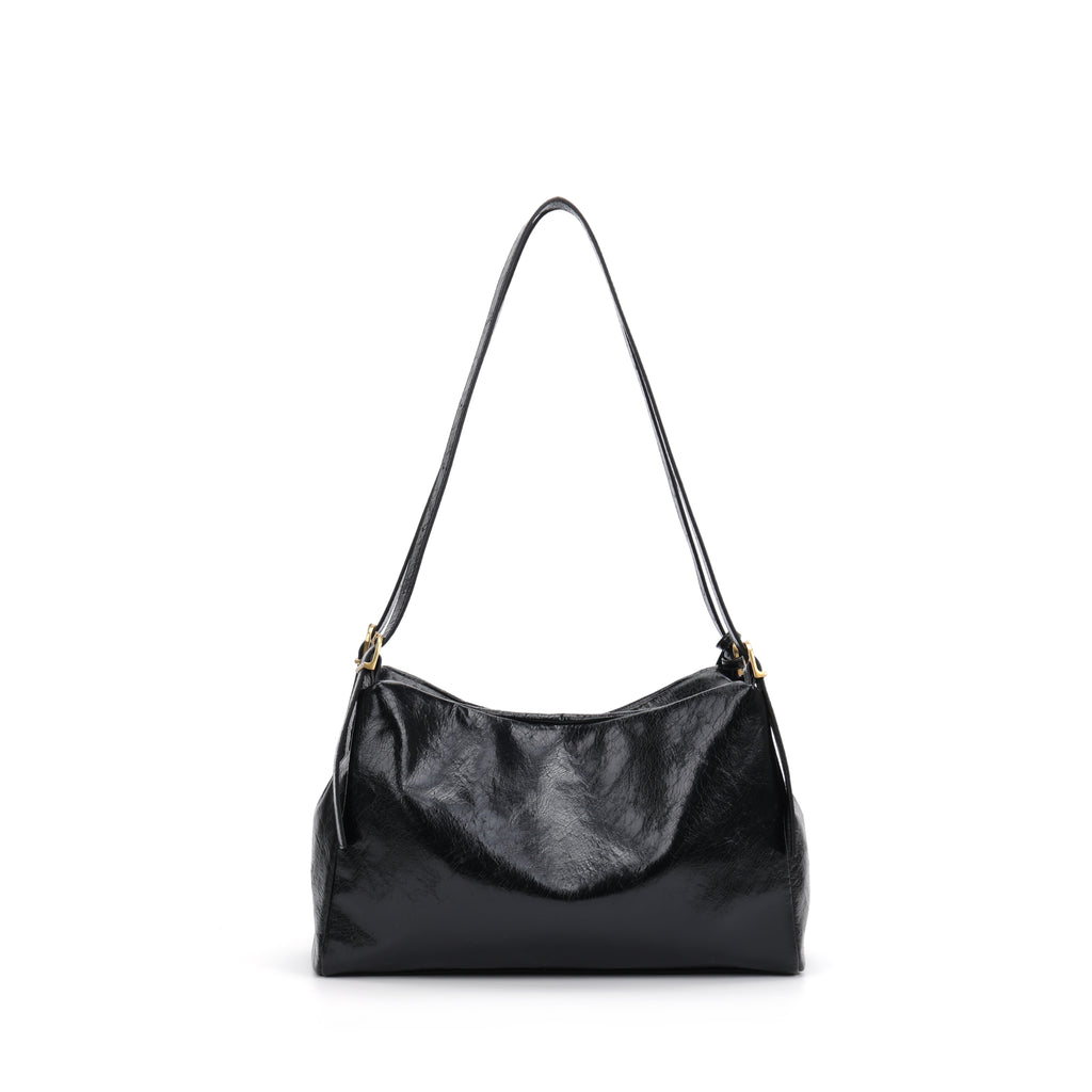 CEFIRO Glossy Vegan Leather Shoulder Bag – Black Hobo Crossbody Bag with Gold Hardware