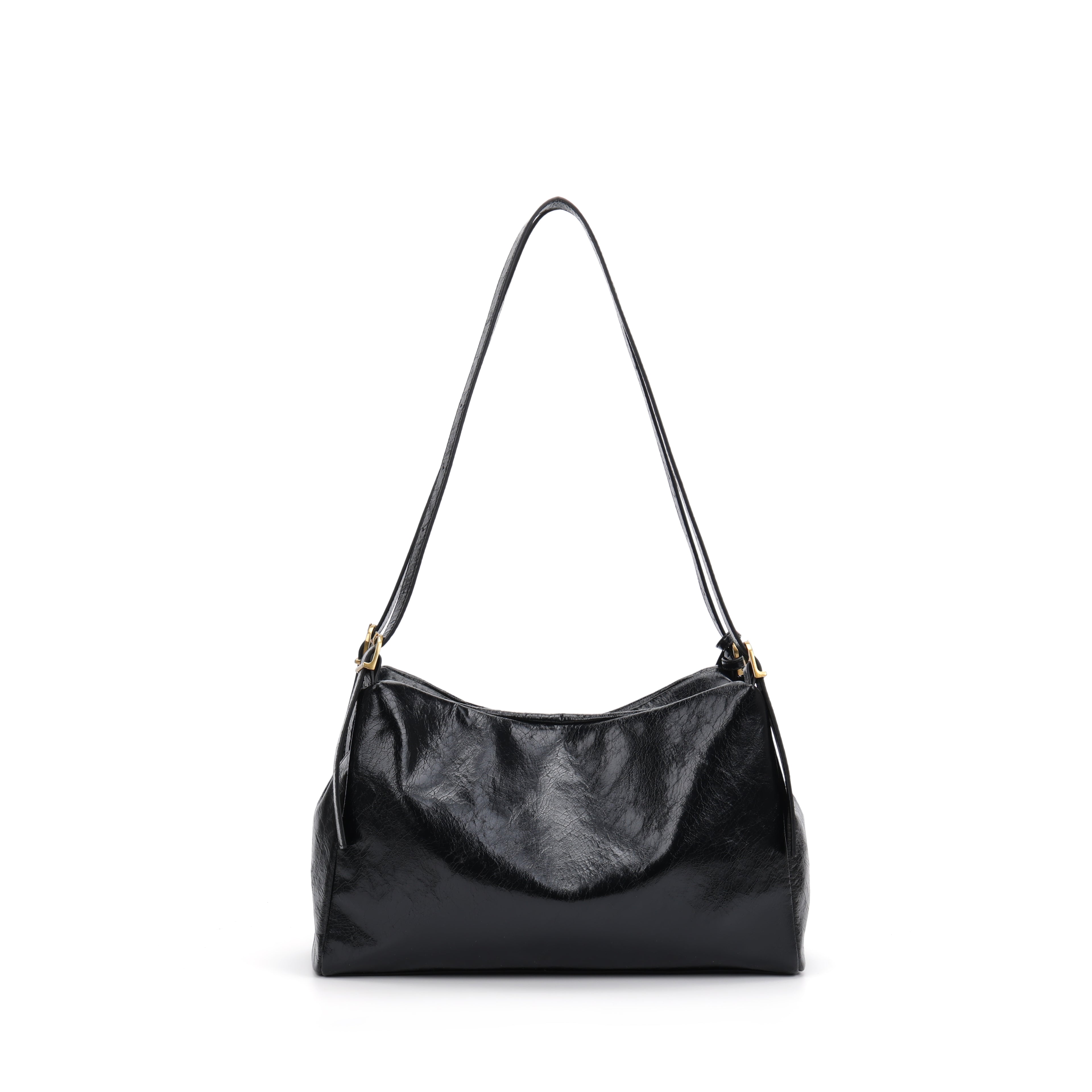 CEFIRO Glossy Vegan Leather Shoulder Bag – Black Hobo Crossbody Bag with Gold Hardware