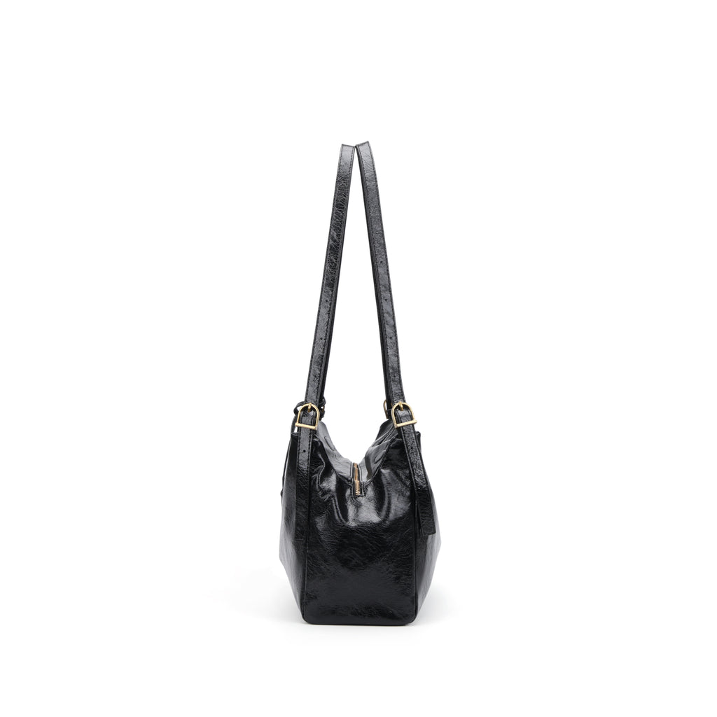 CEFIRO Glossy Vegan Leather Shoulder Bag – Black Hobo Crossbody Bag with Gold Hardware