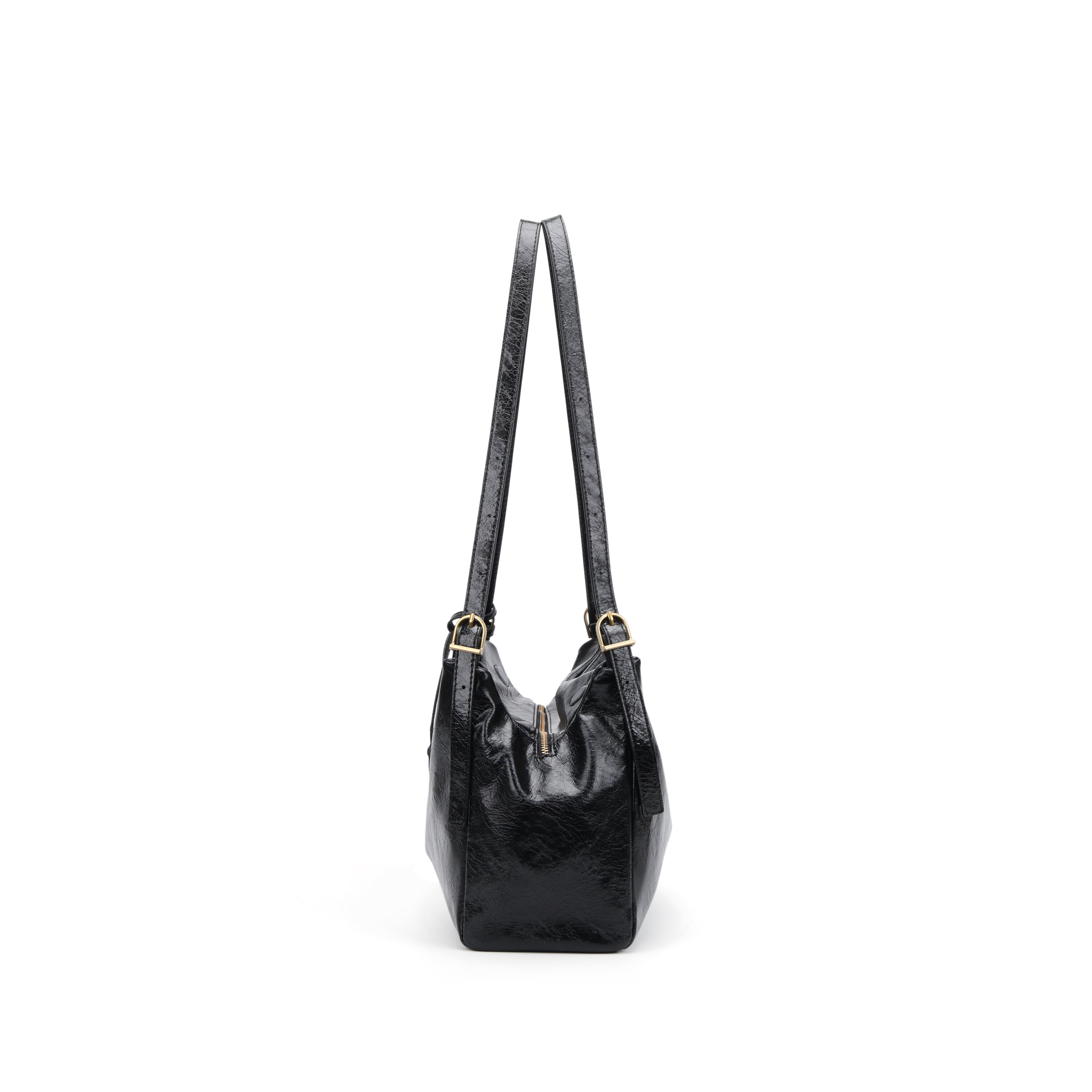 CEFIRO Glossy Vegan Leather Shoulder Bag – Black Hobo Crossbody Bag with Gold Hardware