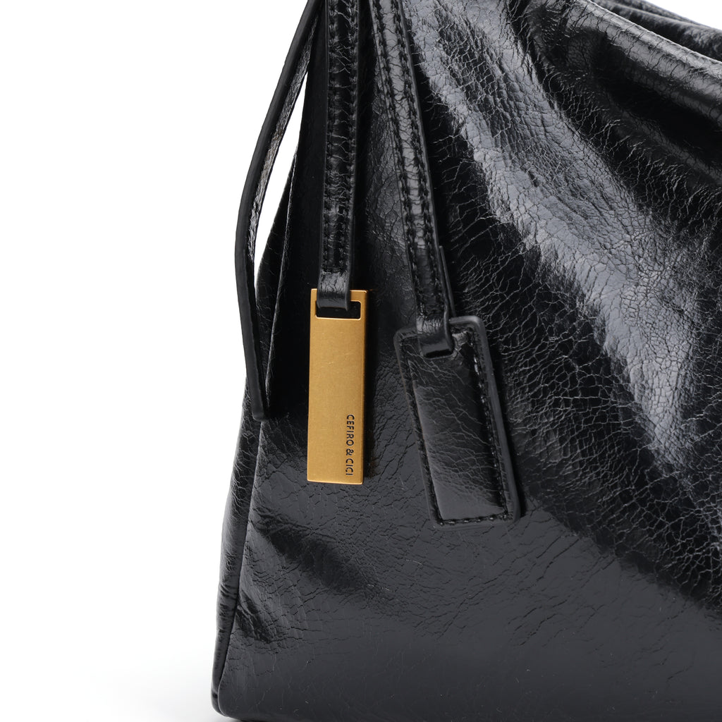 CEFIRO Glossy Vegan Leather Shoulder Bag – Black Hobo Crossbody Bag with Gold Hardware