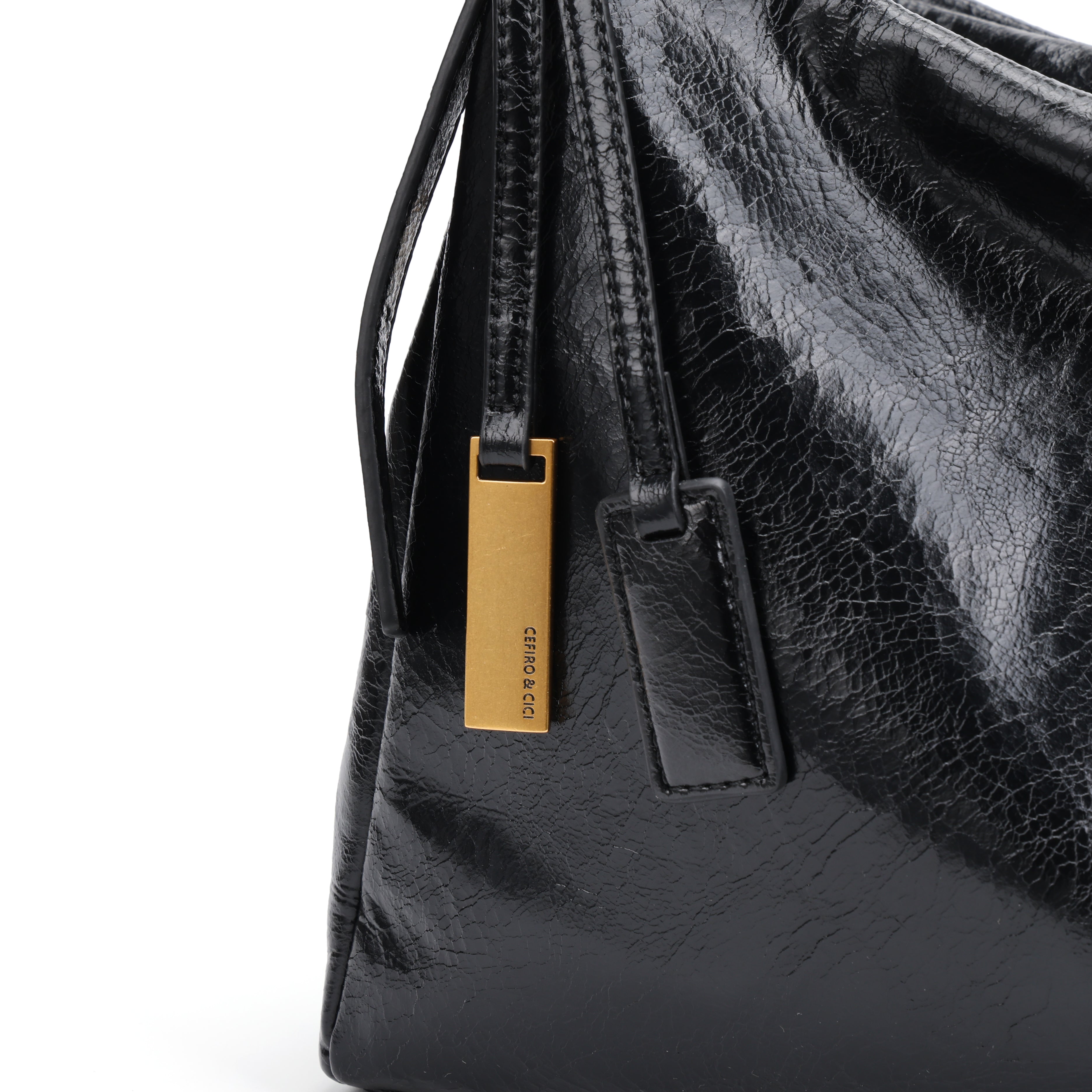 CEFIRO Glossy Vegan Leather Shoulder Bag – Black Hobo Crossbody Bag with Gold Hardware