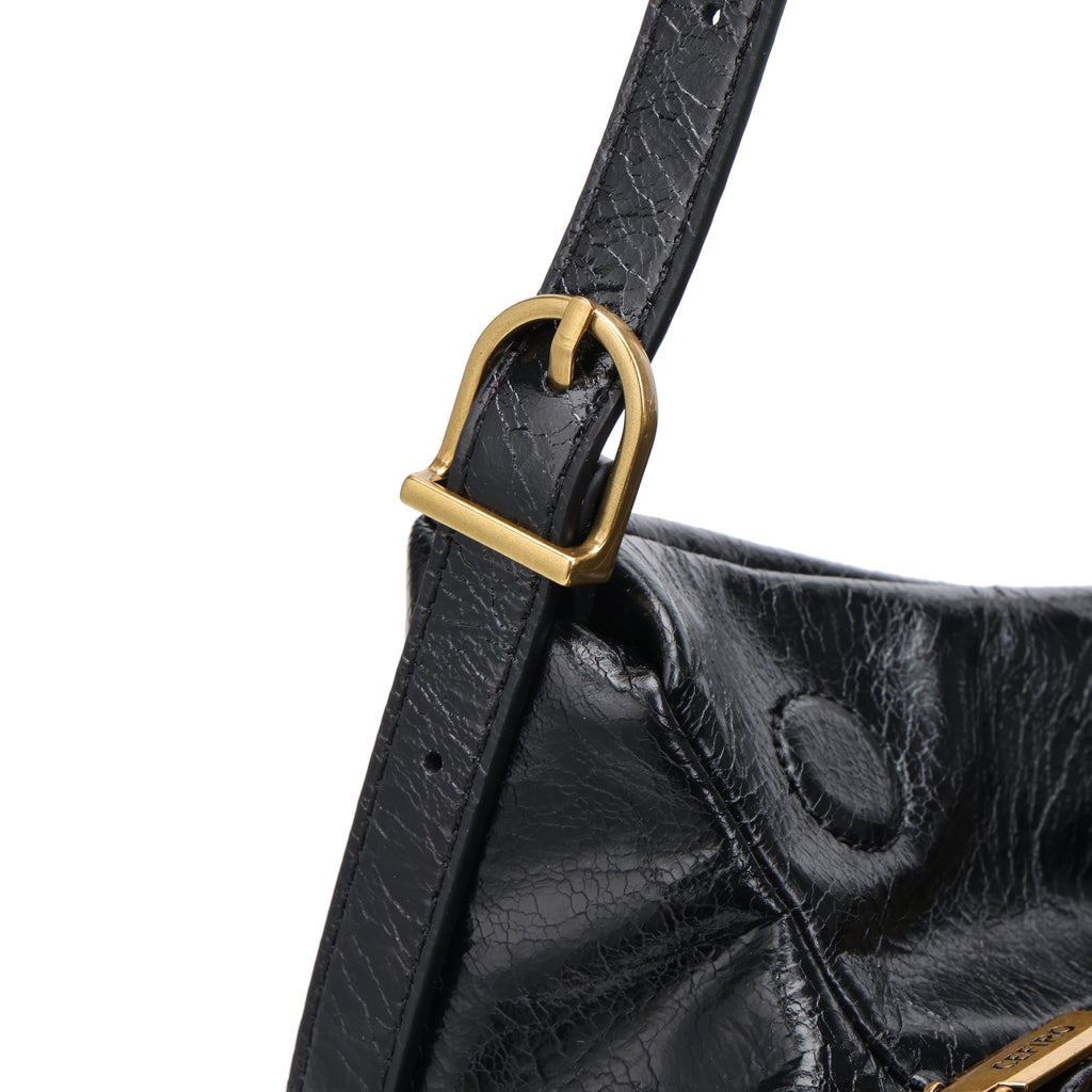 CEFIRO Glossy Vegan Leather Shoulder Bag – Black Hobo Crossbody Bag with Gold Hardware