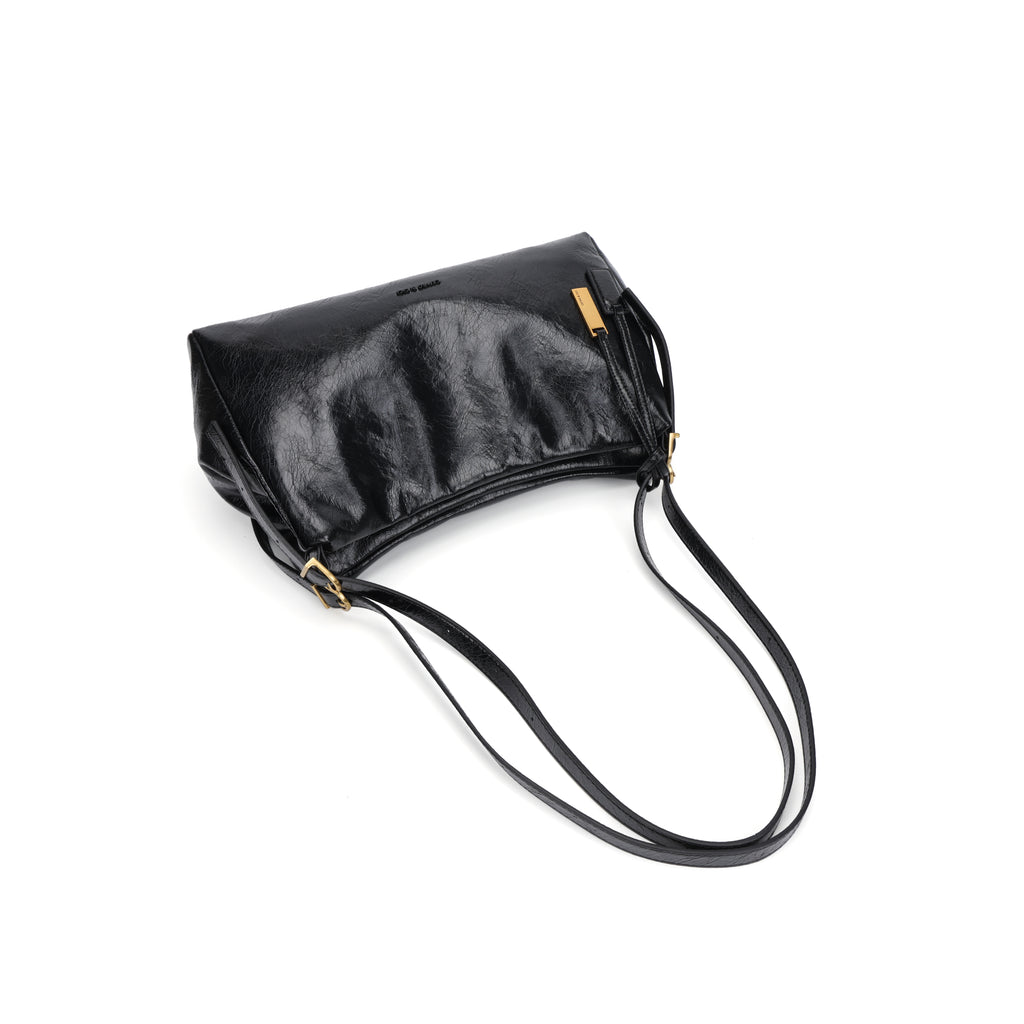 CEFIRO Glossy Vegan Leather Shoulder Bag – Black Hobo Crossbody Bag with Gold Hardware