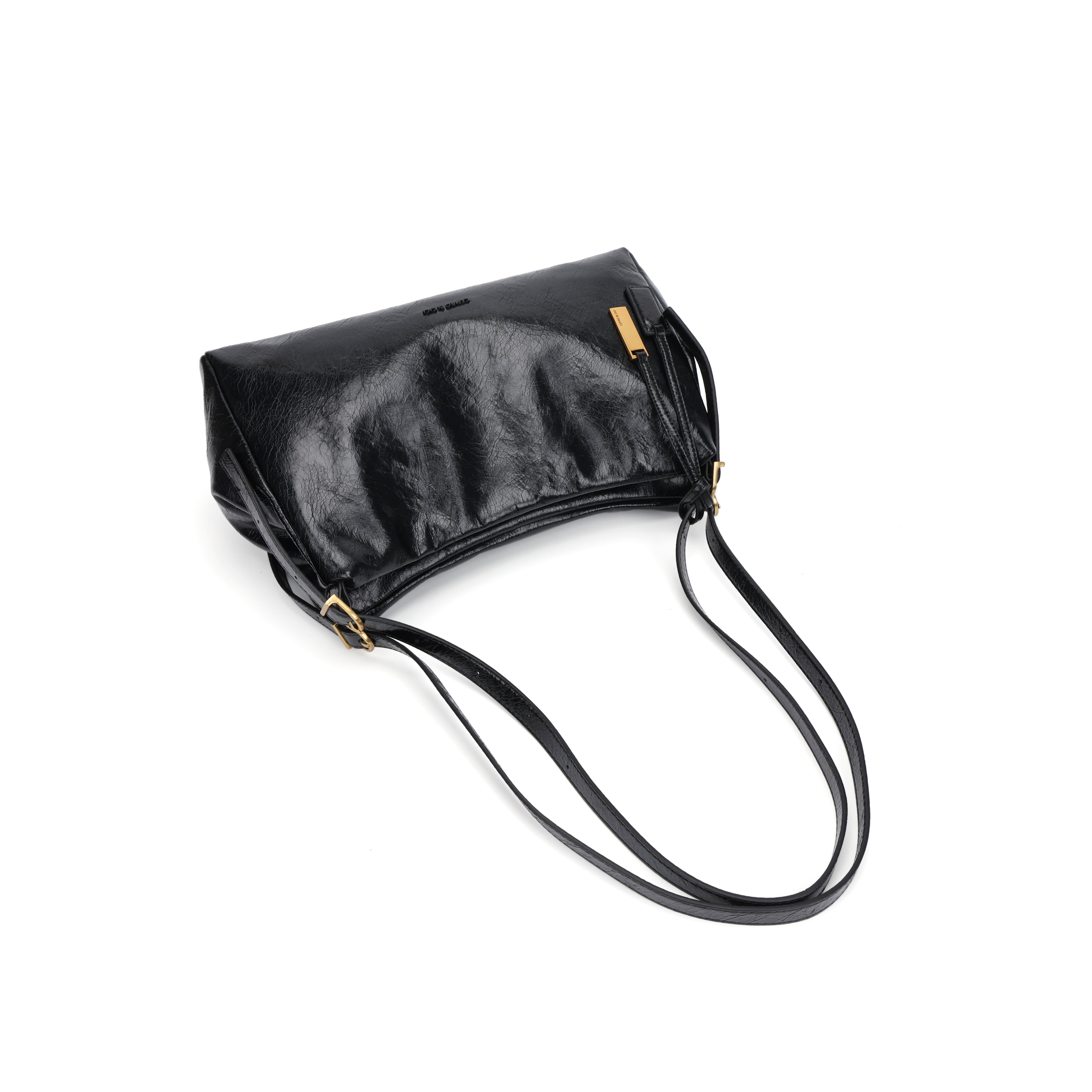 CEFIRO Glossy Vegan Leather Shoulder Bag – Black Hobo Crossbody Bag with Gold Hardware