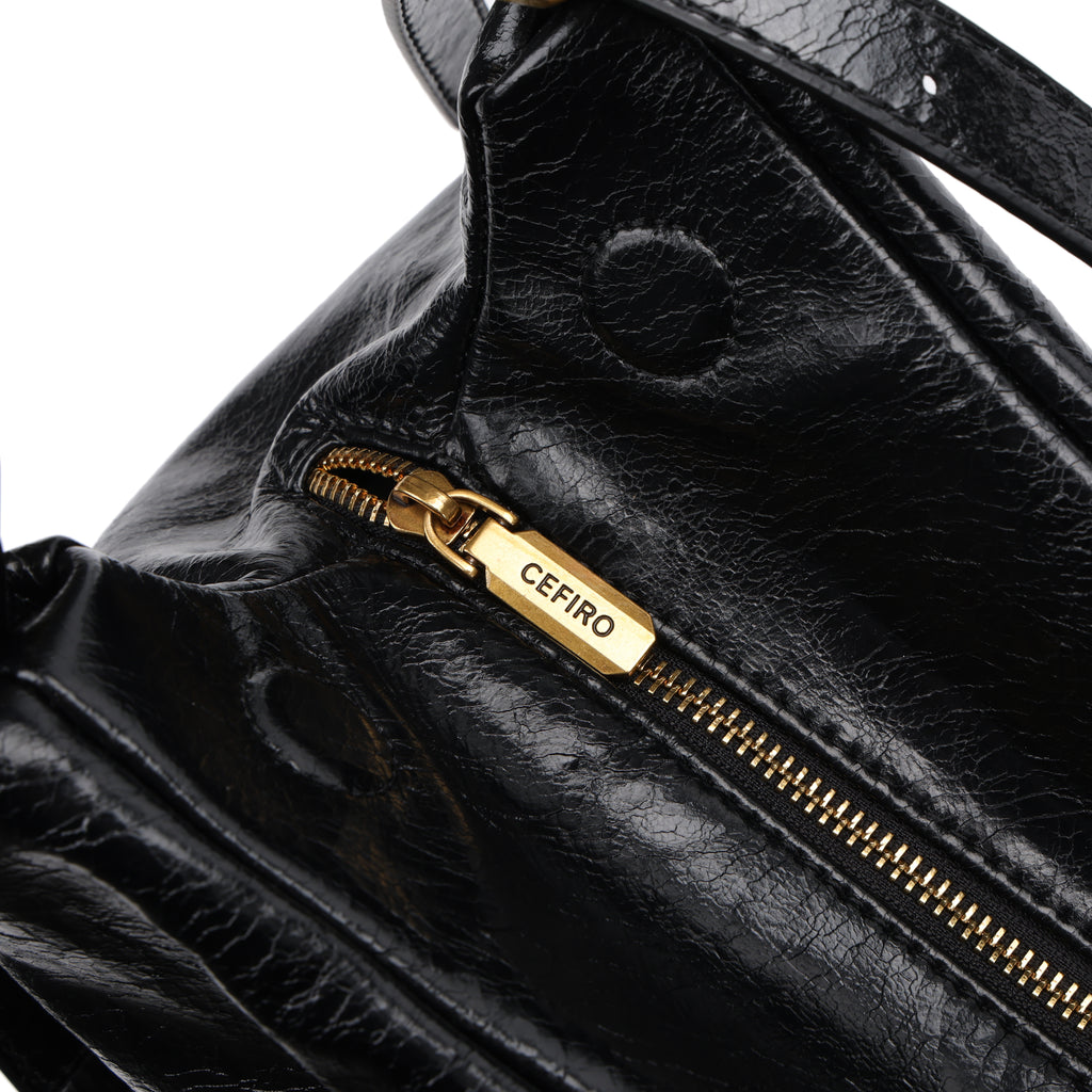 CEFIRO Glossy Vegan Leather Shoulder Bag – Black Hobo Crossbody Bag with Gold Hardware
