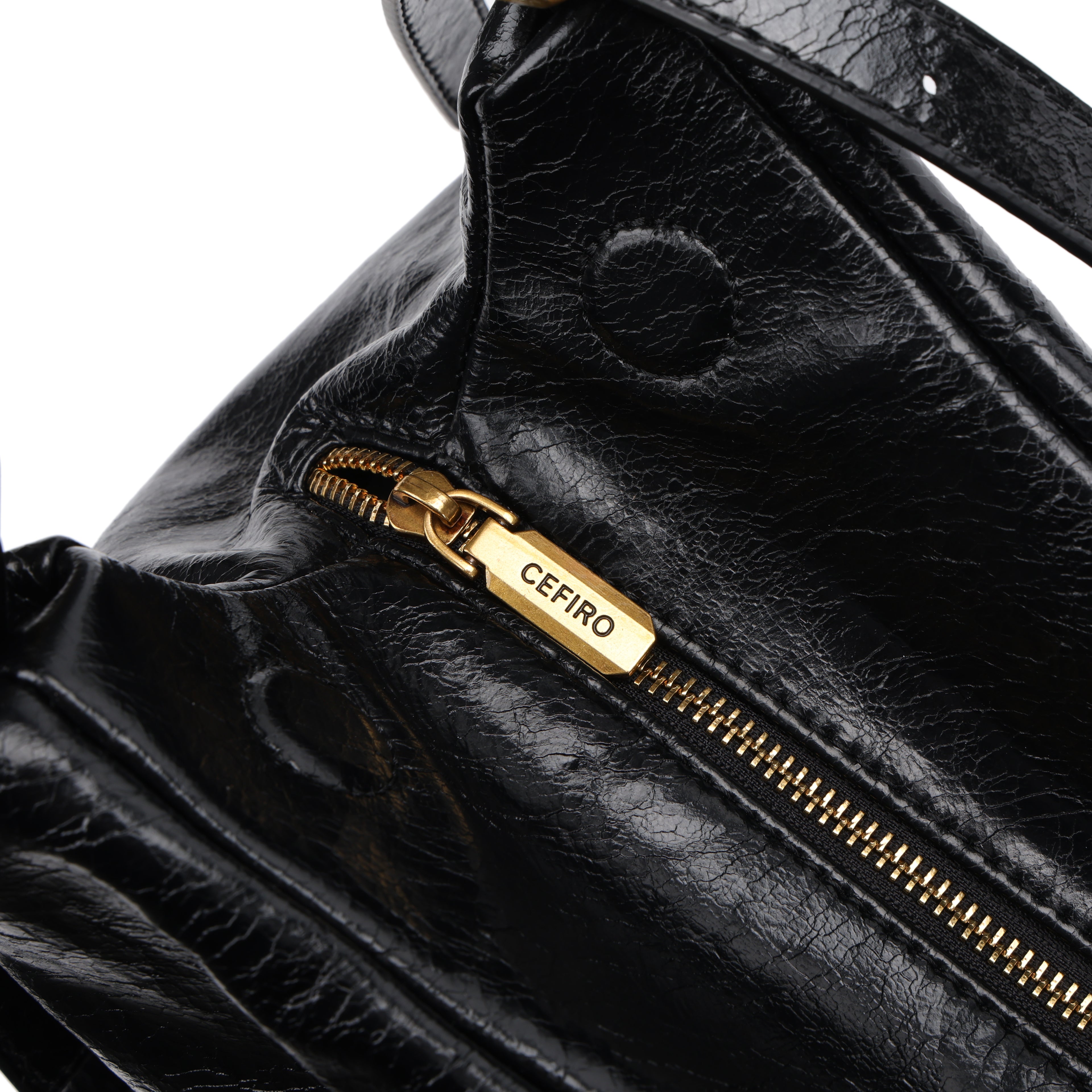 CEFIRO Glossy Vegan Leather Shoulder Bag – Black Hobo Crossbody Bag with Gold Hardware