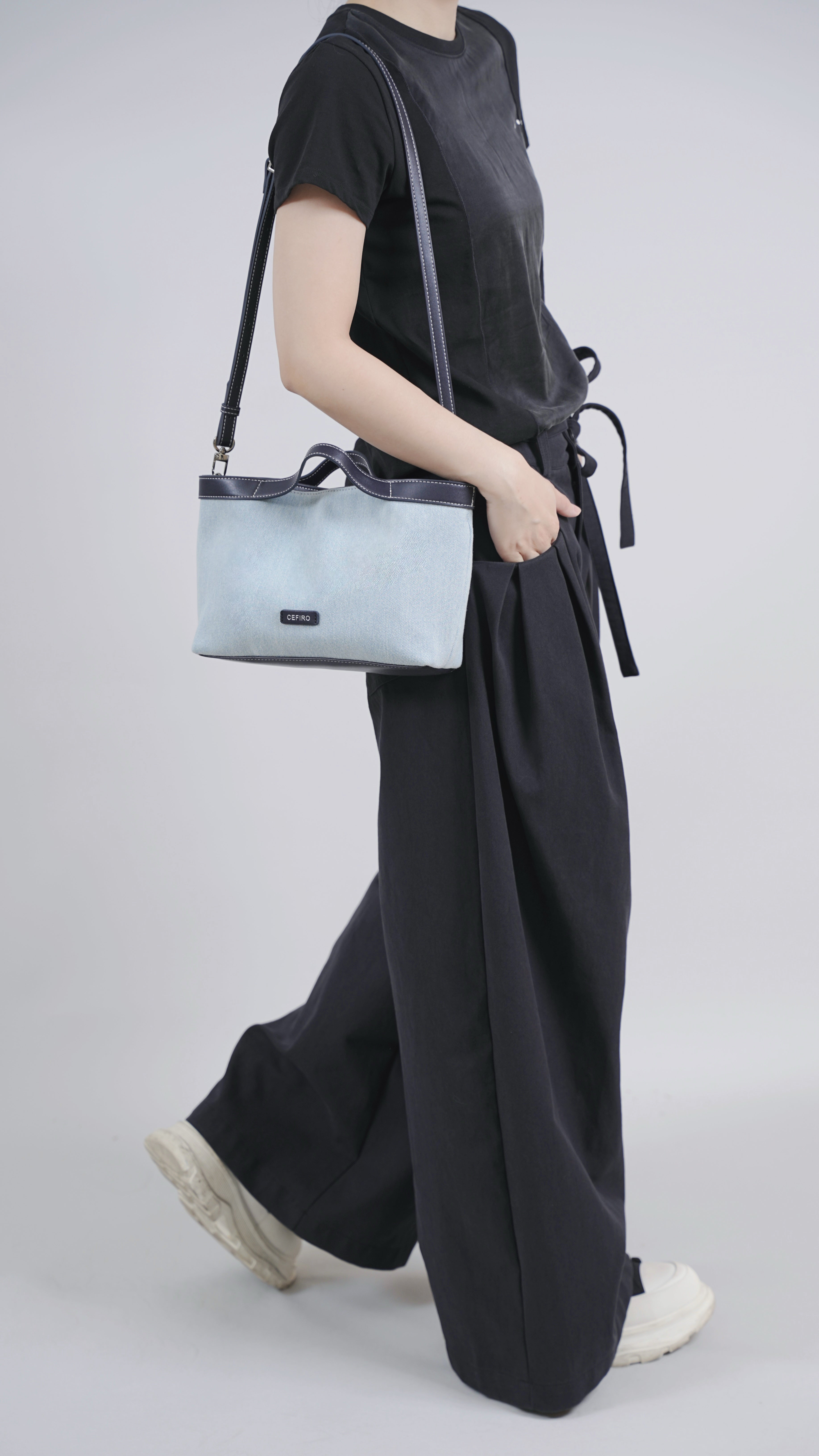 CEFIRO Denim Shoulder Bag with Vegan Leather Trim
