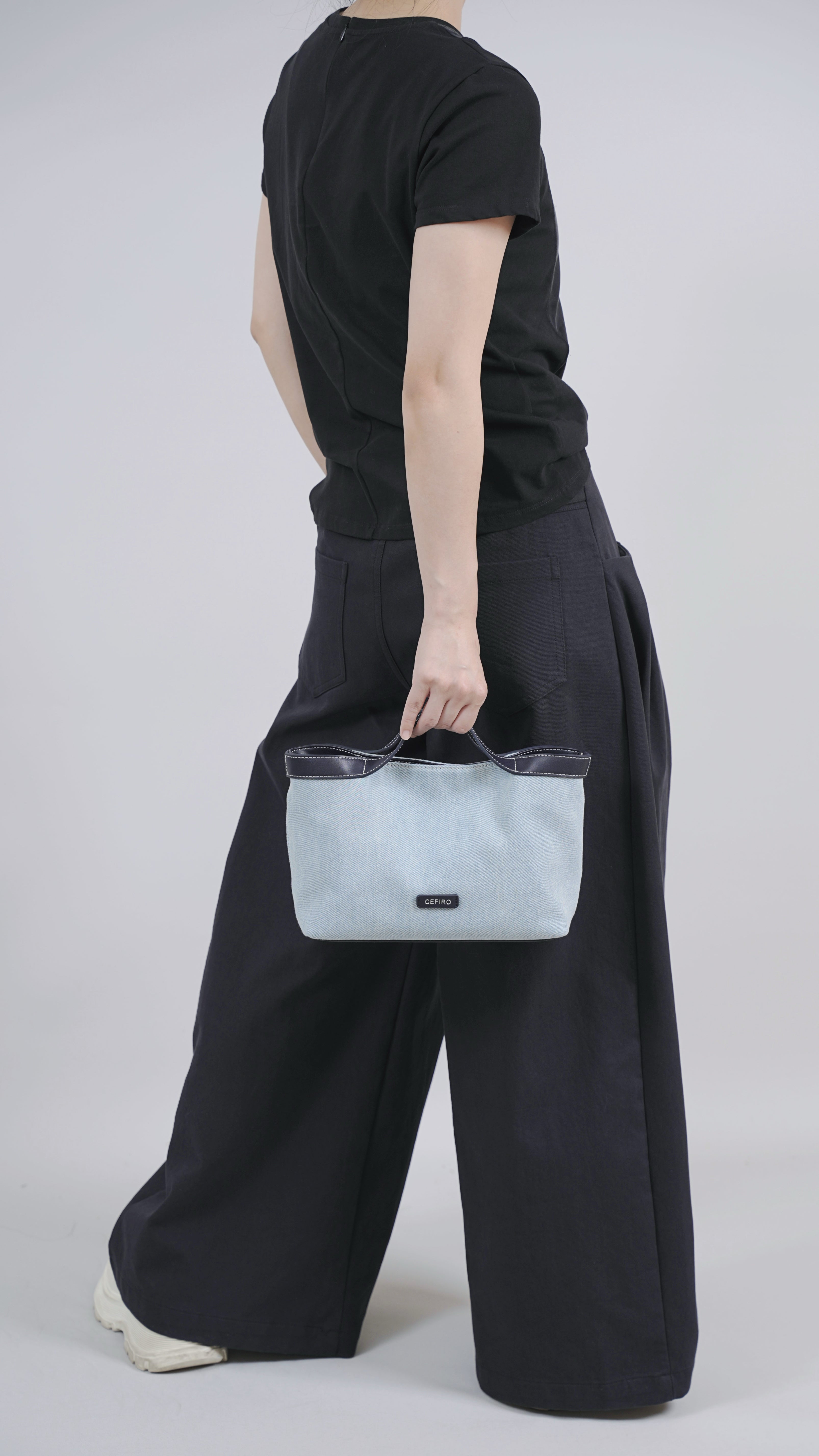 CEFIRO Denim Shoulder Bag with Vegan Leather Trim