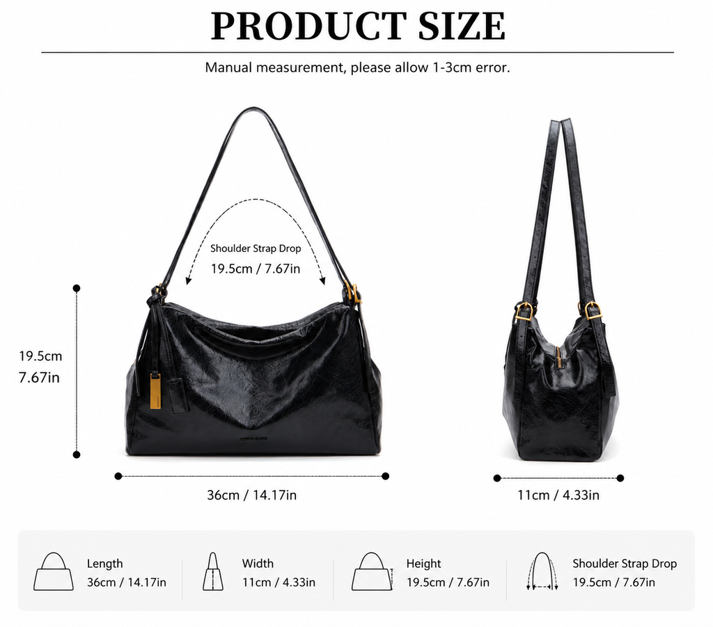 CEFIRO Glossy Vegan Leather Shoulder Bag – Black Hobo Crossbody Bag with Gold Hardware