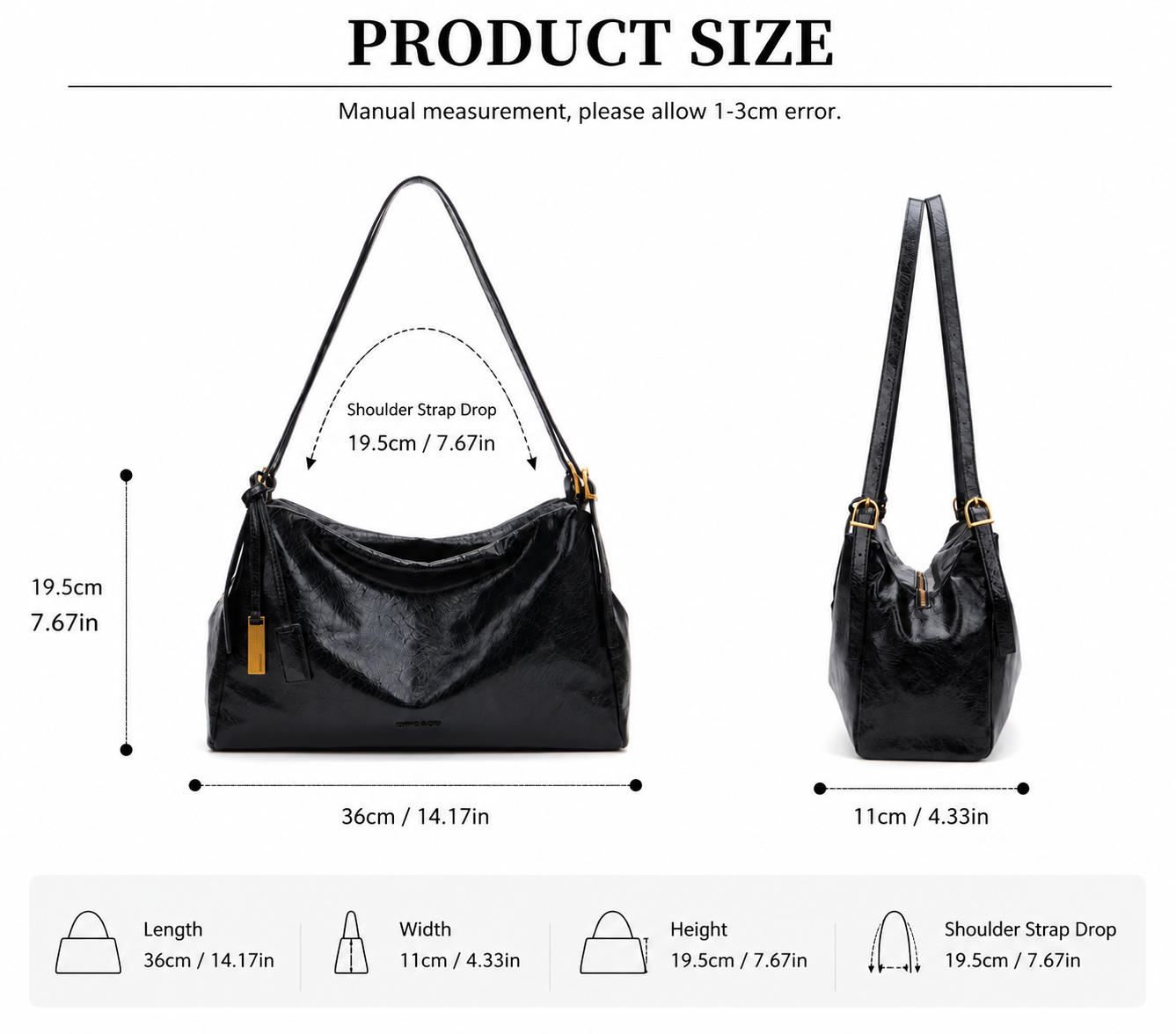CEFIRO Glossy Vegan Leather Shoulder Bag – Black Hobo Crossbody Bag with Gold Hardware
