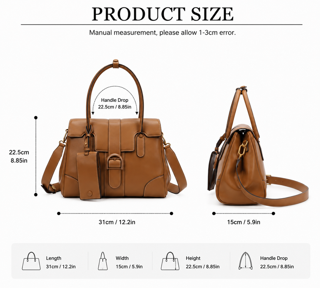 CEFIRO Structured Top Handle Bag – Brown Vegan Leather Shoulder Tote with Card Holder Charm
