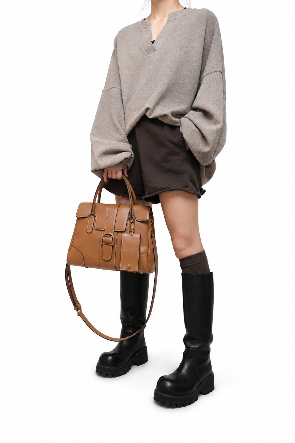 CEFIRO Structured Top Handle Bag – Brown Vegan Leather Shoulder Tote with Card Holder Charm