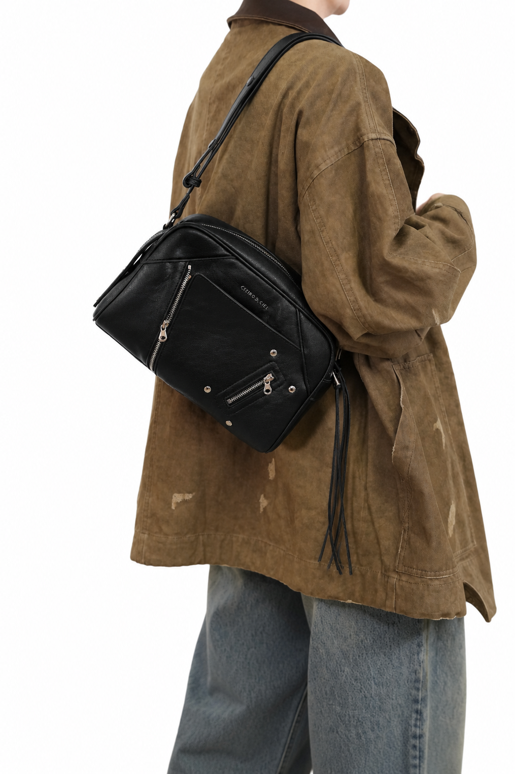 CEFIRO Moto Studded Shoulder Bag – Black Vegan Leather Crossbody Bag