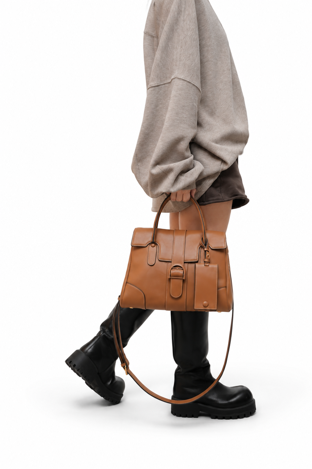 CEFIRO Structured Top Handle Bag – Brown Vegan Leather Shoulder Tote with Card Holder Charm