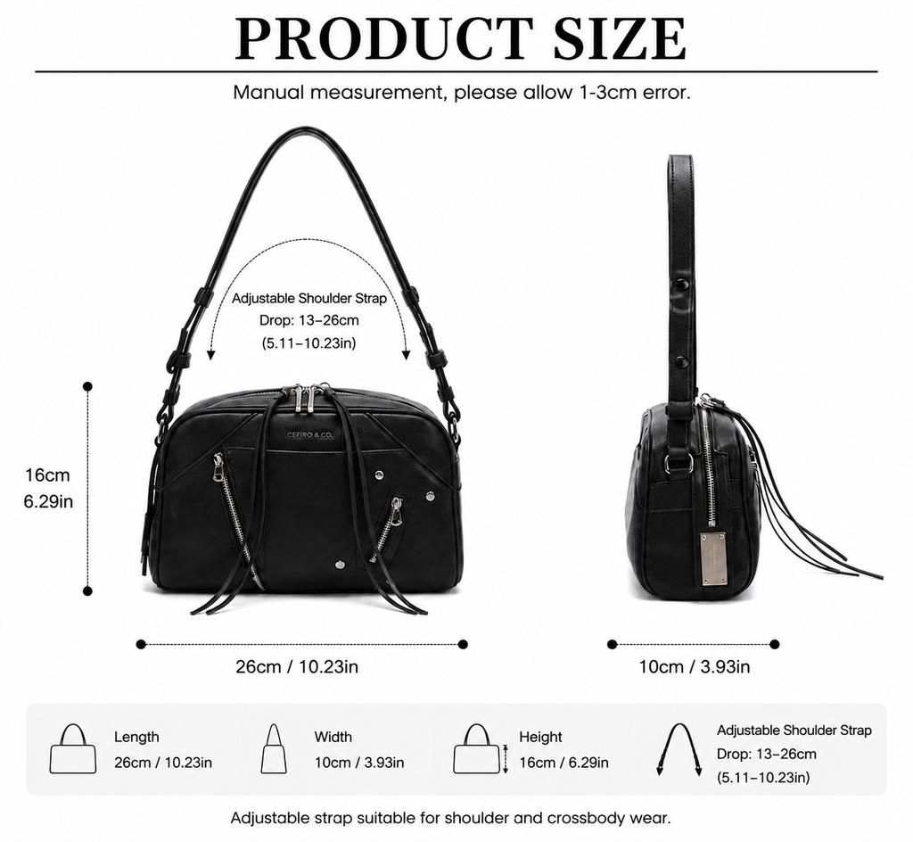 CEFIRO Moto Studded Shoulder Bag – Black Vegan Leather Crossbody Bag