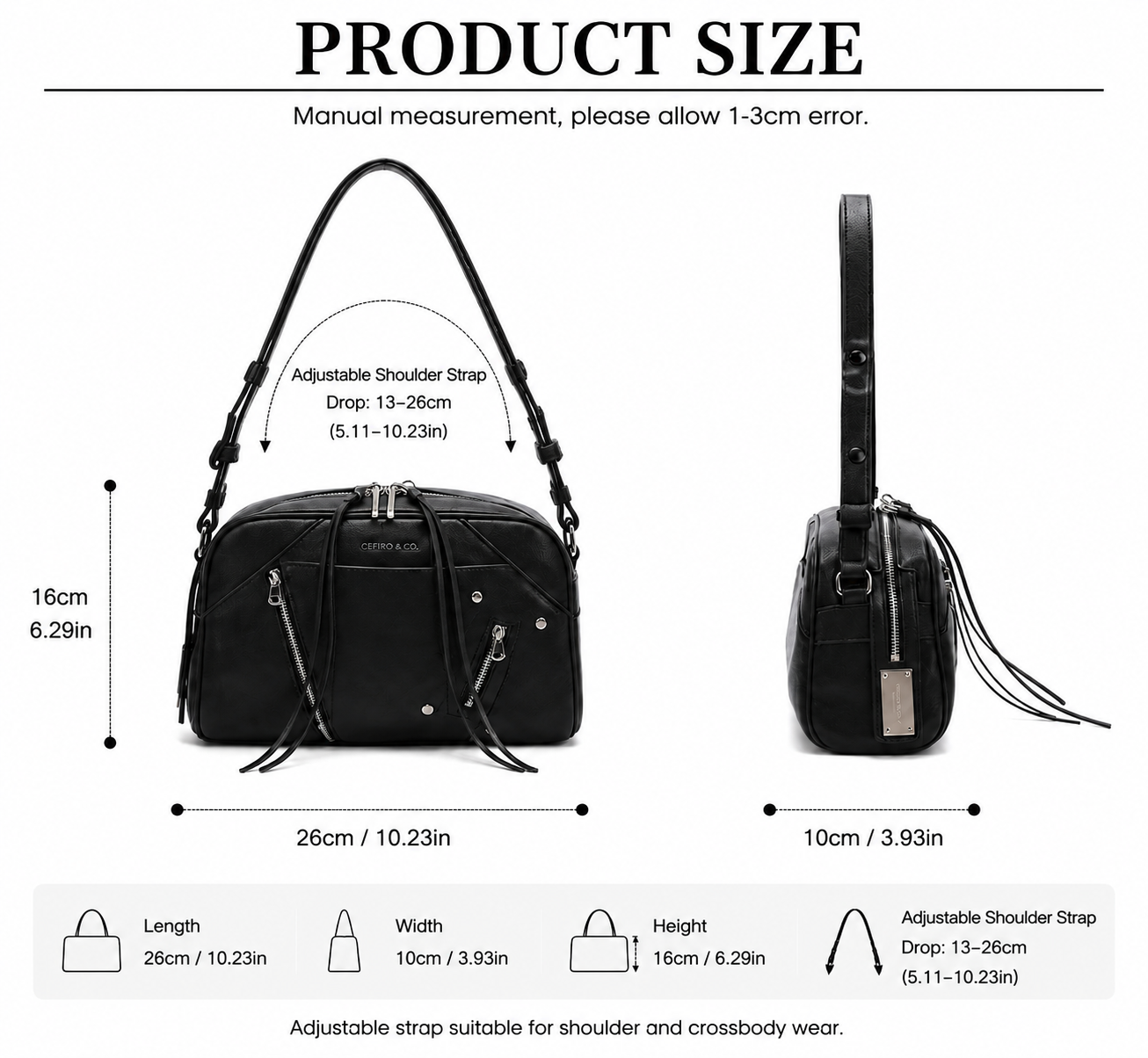 CEFIRO Moto Studded Shoulder Bag – Black Vegan Leather Crossbody Bag