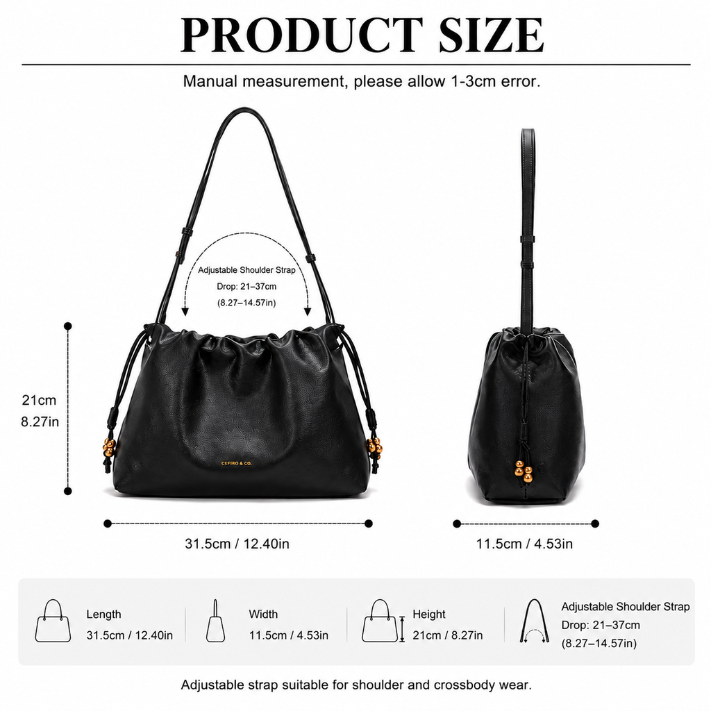 CEFIRO Soft Slouchy Shoulder Bag – Black Vegan Leather Drawstring Hobo Bag