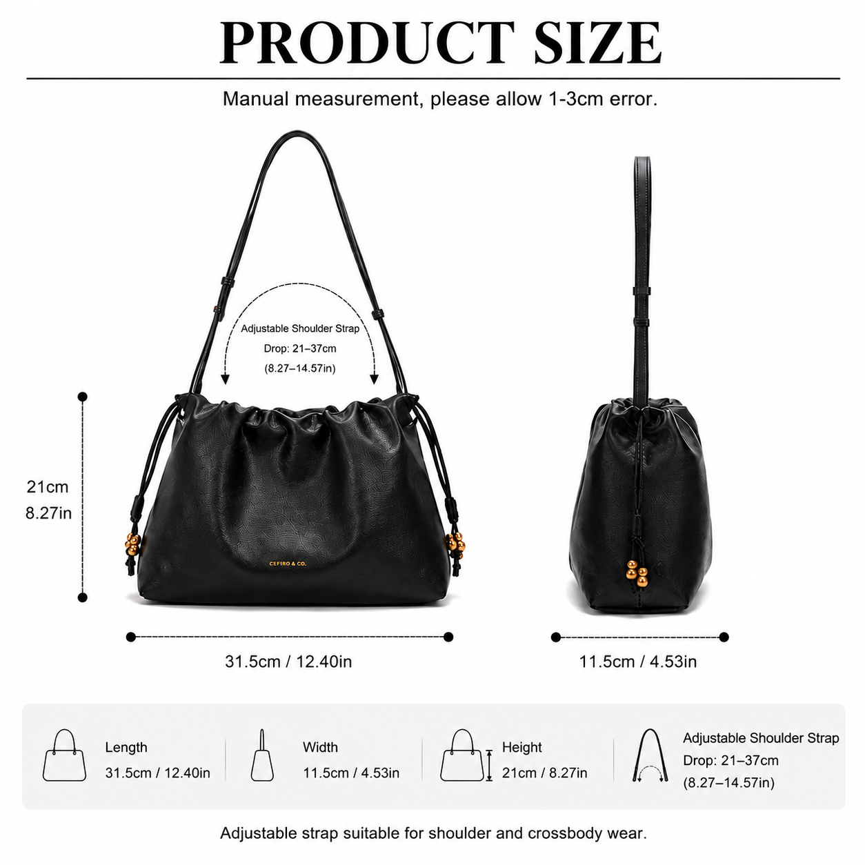 CEFIRO Soft Slouchy Shoulder Bag – Black Vegan Leather Drawstring Hobo Bag
