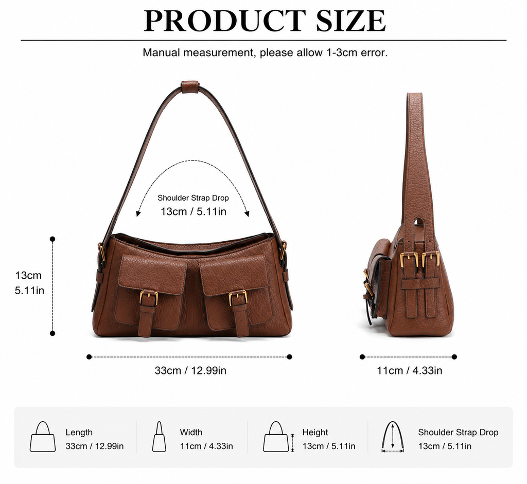 CEFIRO Vintage Dual-Pocket Shoulder Bag – Brown Vegan Leather Crossbody Bag