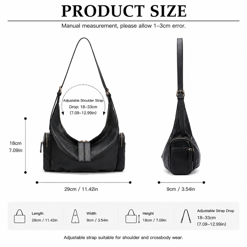 CEFIRO Soft Lambskin Shoulder Bag – Black Crescent Hobo Bag with Adjustable Strap