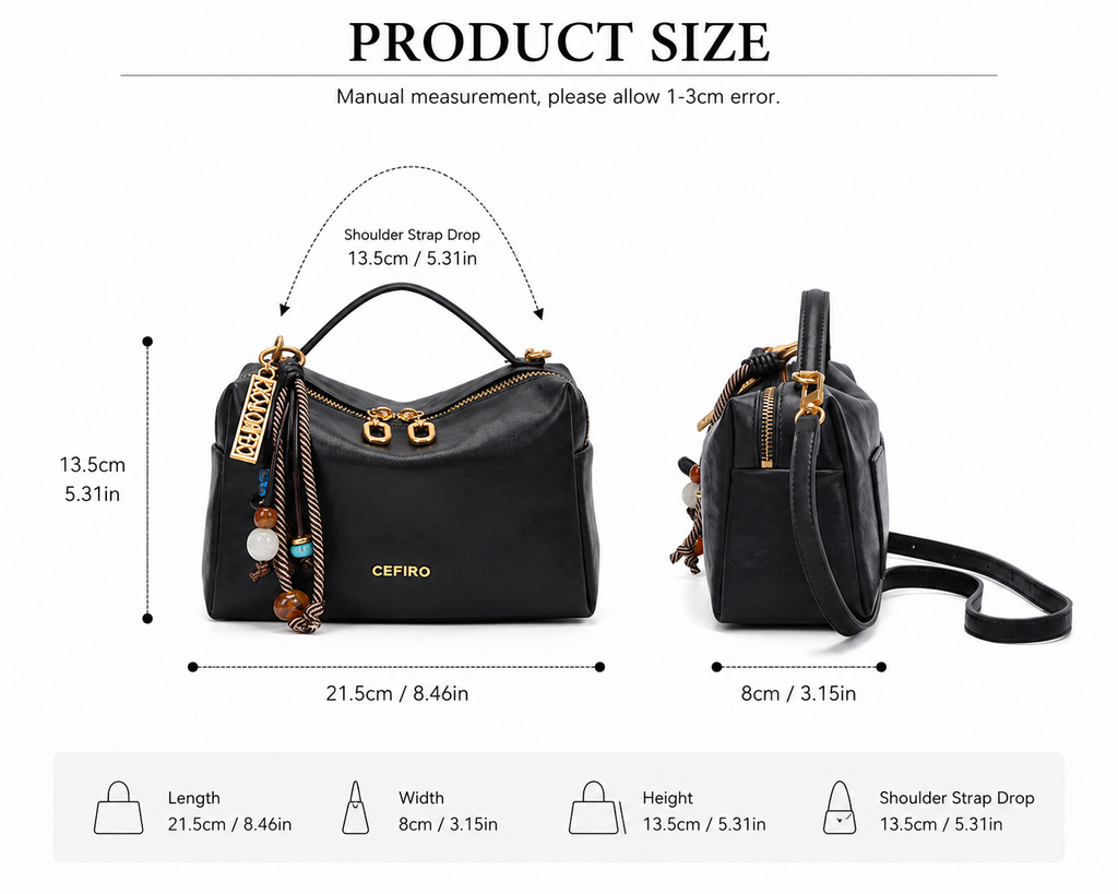 CEFIRO Structured Mini Shoulder Bag – Black Vegan Leather Crossbody & Top Handle Bag
