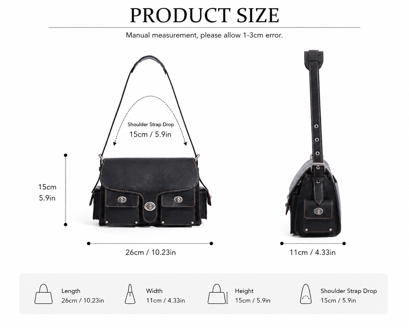 CEFIRO Vintage Multi-Pocket Shoulder Bag – Black Leather Crossbody Messenger Bag