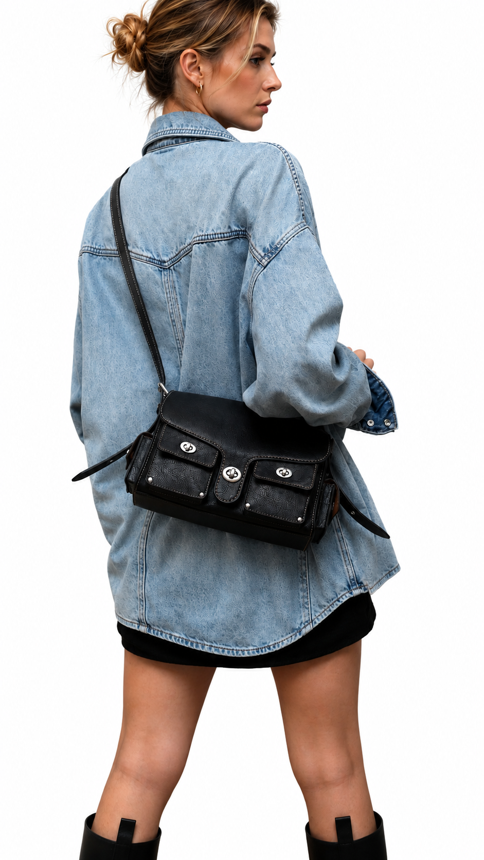 CEFIRO Vintage Multi-Pocket Shoulder Bag – Black Leather Crossbody Messenger Bag