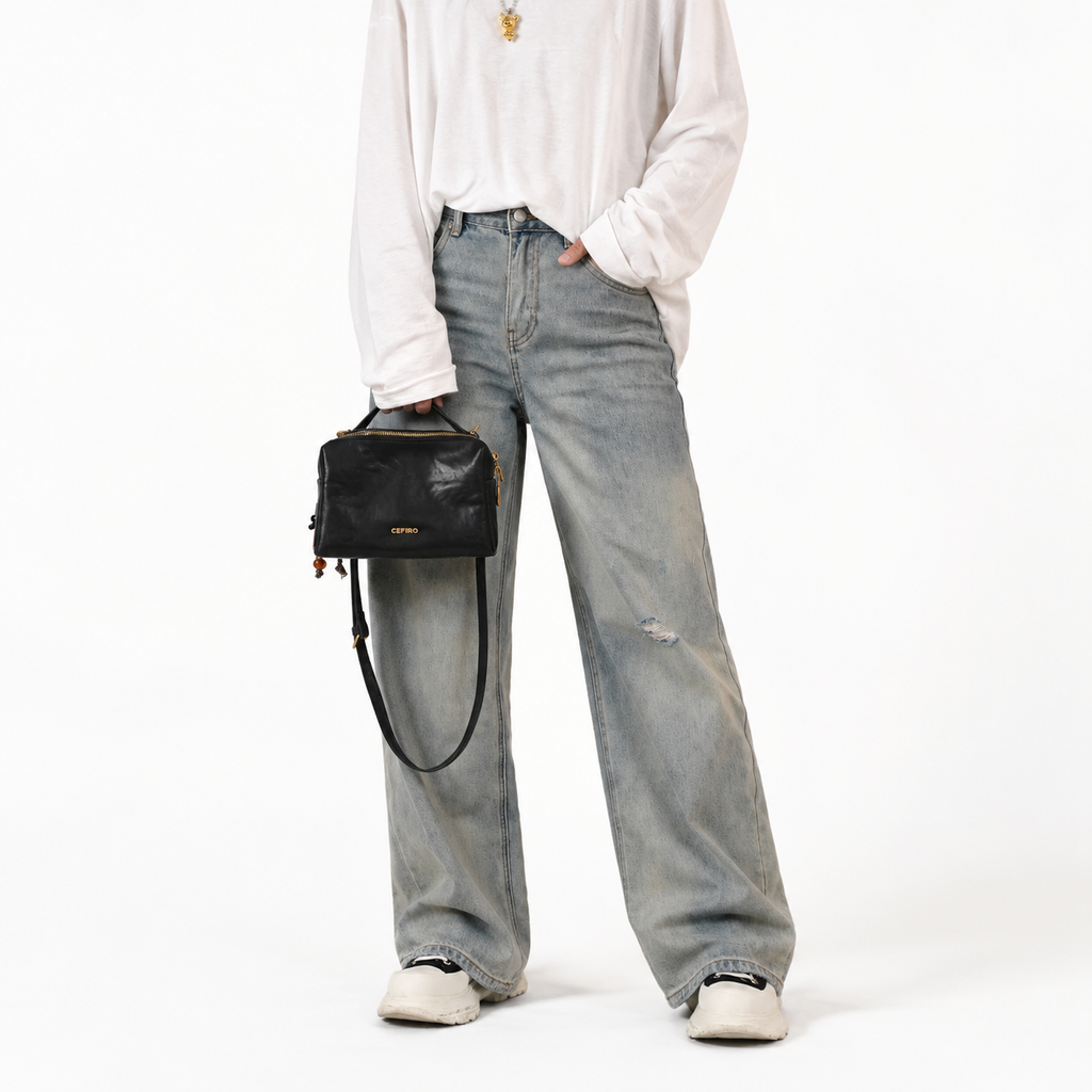 CEFIRO Structured Mini Shoulder Bag – Black Vegan Leather Crossbody & Top Handle Bag